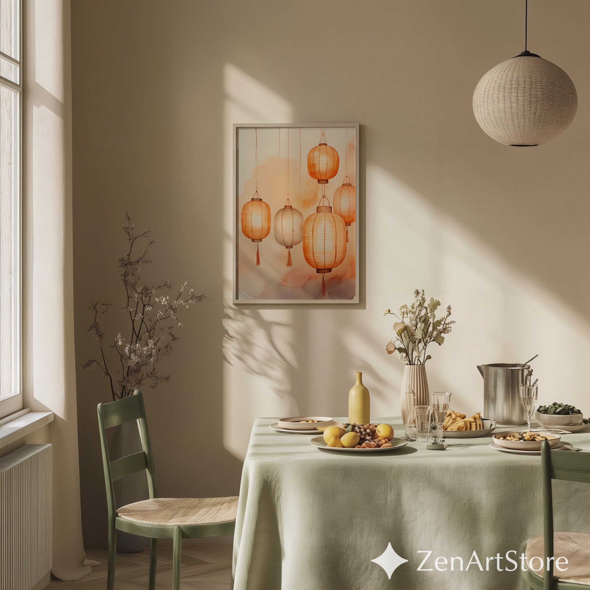 Orange Paper Lantern Wall Art - Minimal Watercolor Lantern Print, Japandi Zen Beige Home Decor