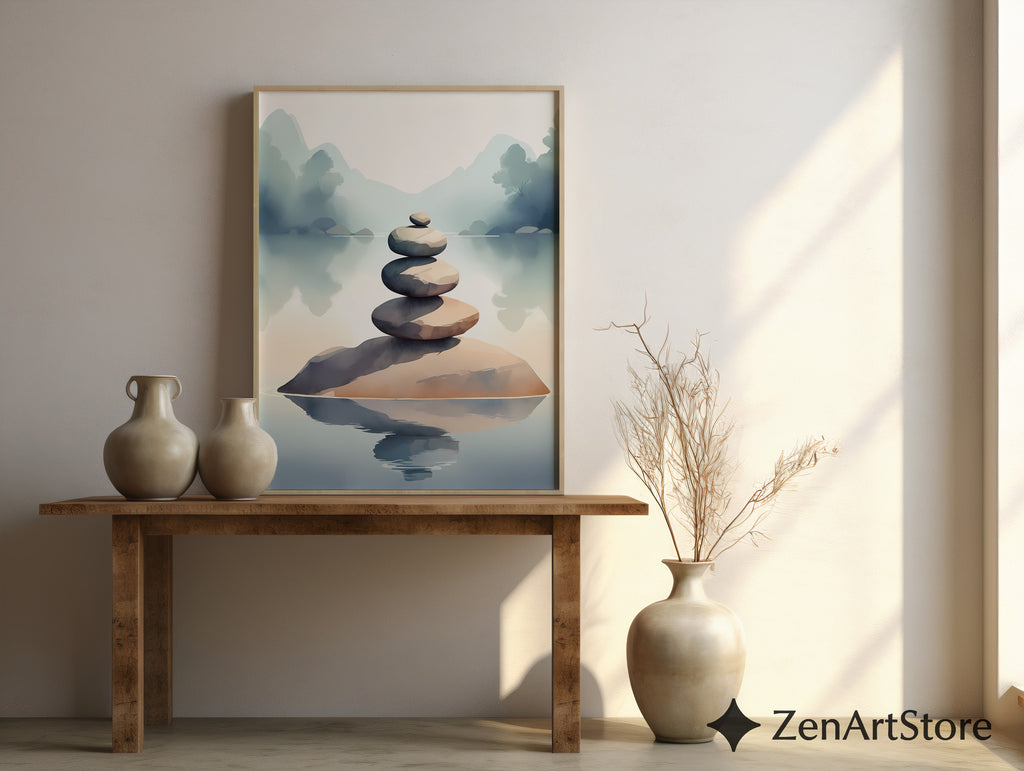 Zen Stacked Stones Lake Art Print - Minimal Japandi Wall Decor, Calm Neutral Landscape for Home & Spa