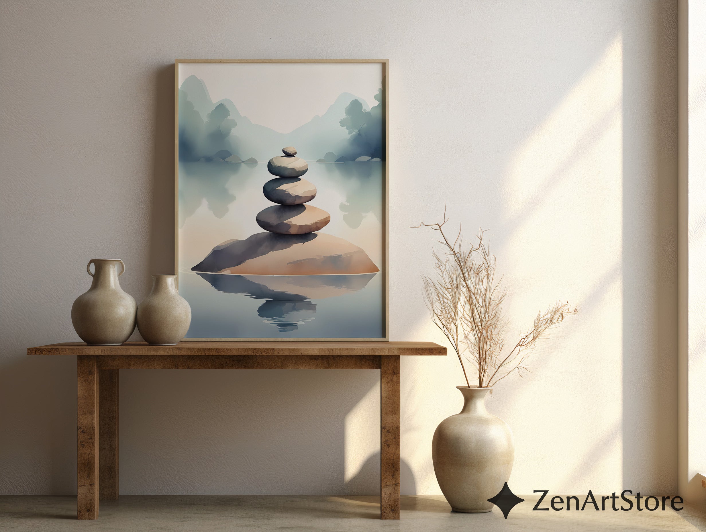 Zen Stacked Stones Lake Art Print - Minimal Japandi Wall Decor, Calm Neutral Landscape for Home & Spa