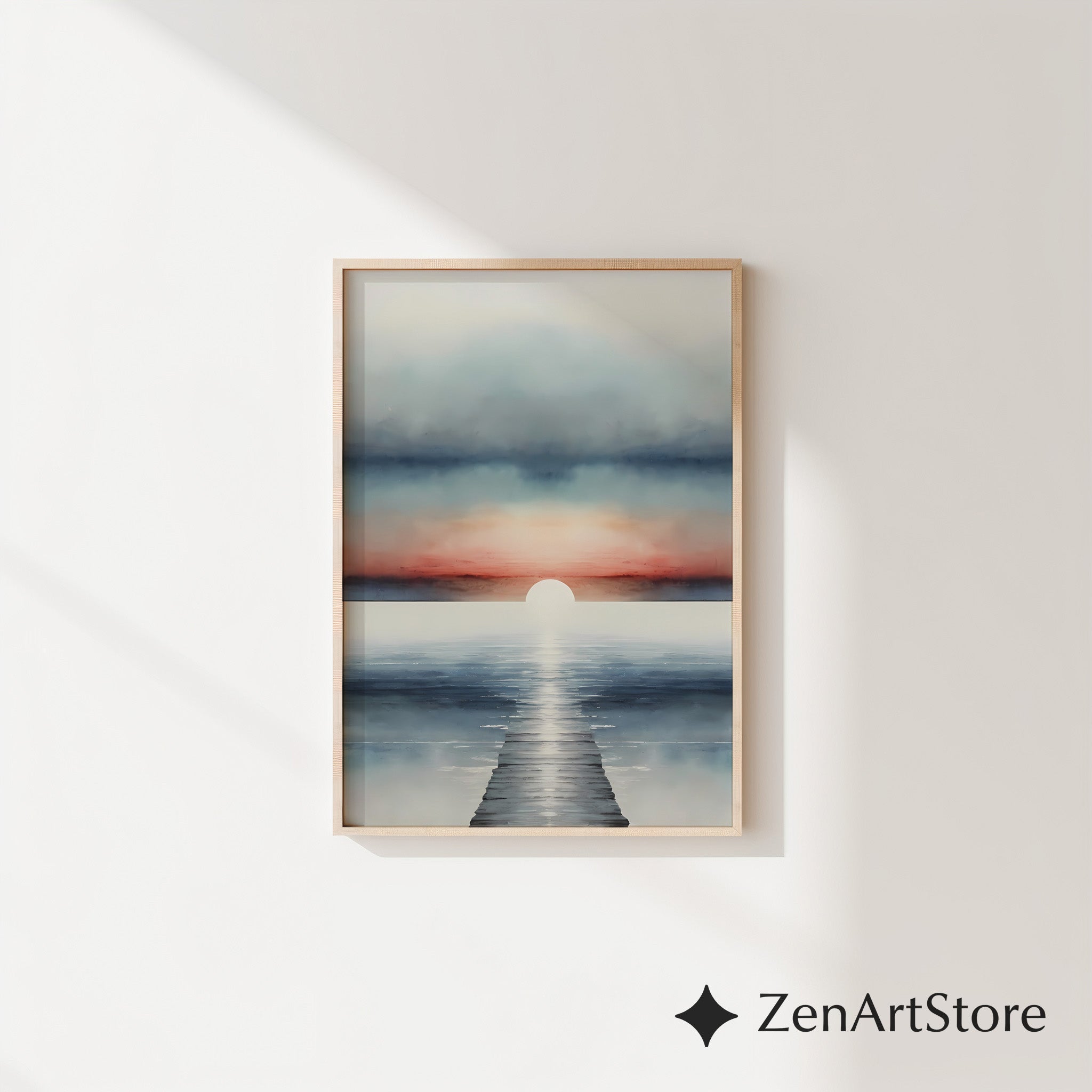 Serene Sunrise Seascape Print - Minimal Coastal Wall Art, Pier Horizon, Modern Japandi Zen Living Room Decor