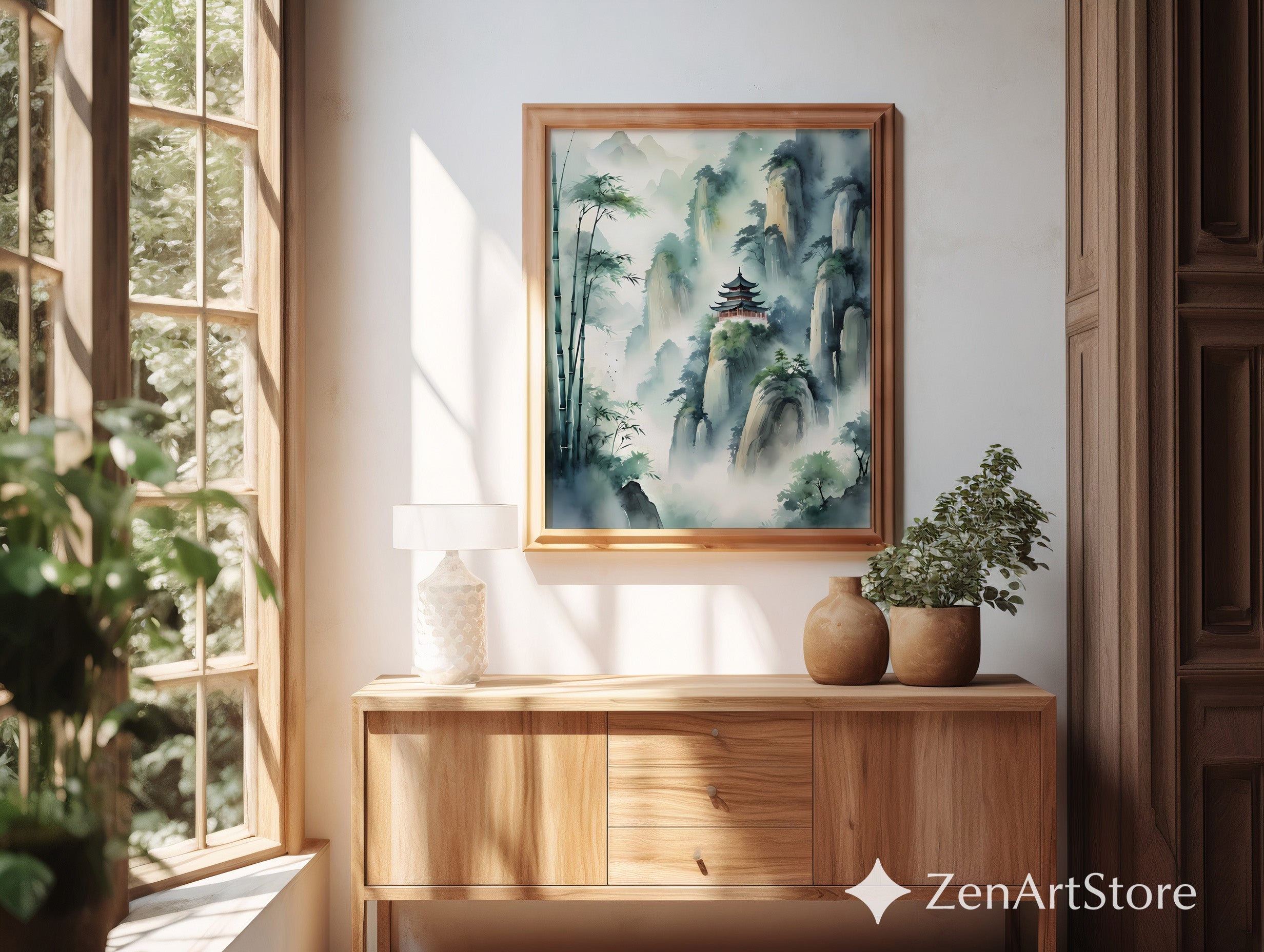 Misty Mountain Pagoda Art Print - Zen Chinese Landscape Watercolor, Bamboo Wall Art for Living Room, Japandi Minimalist Decor
