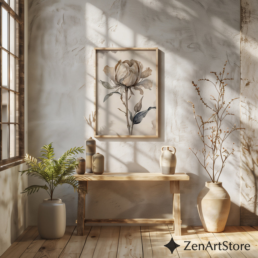 Neutral Peony Wall Art - Beige Botanical Watercolor Print, Japandi Minimal Flower Poster for Living Room & Bedroom