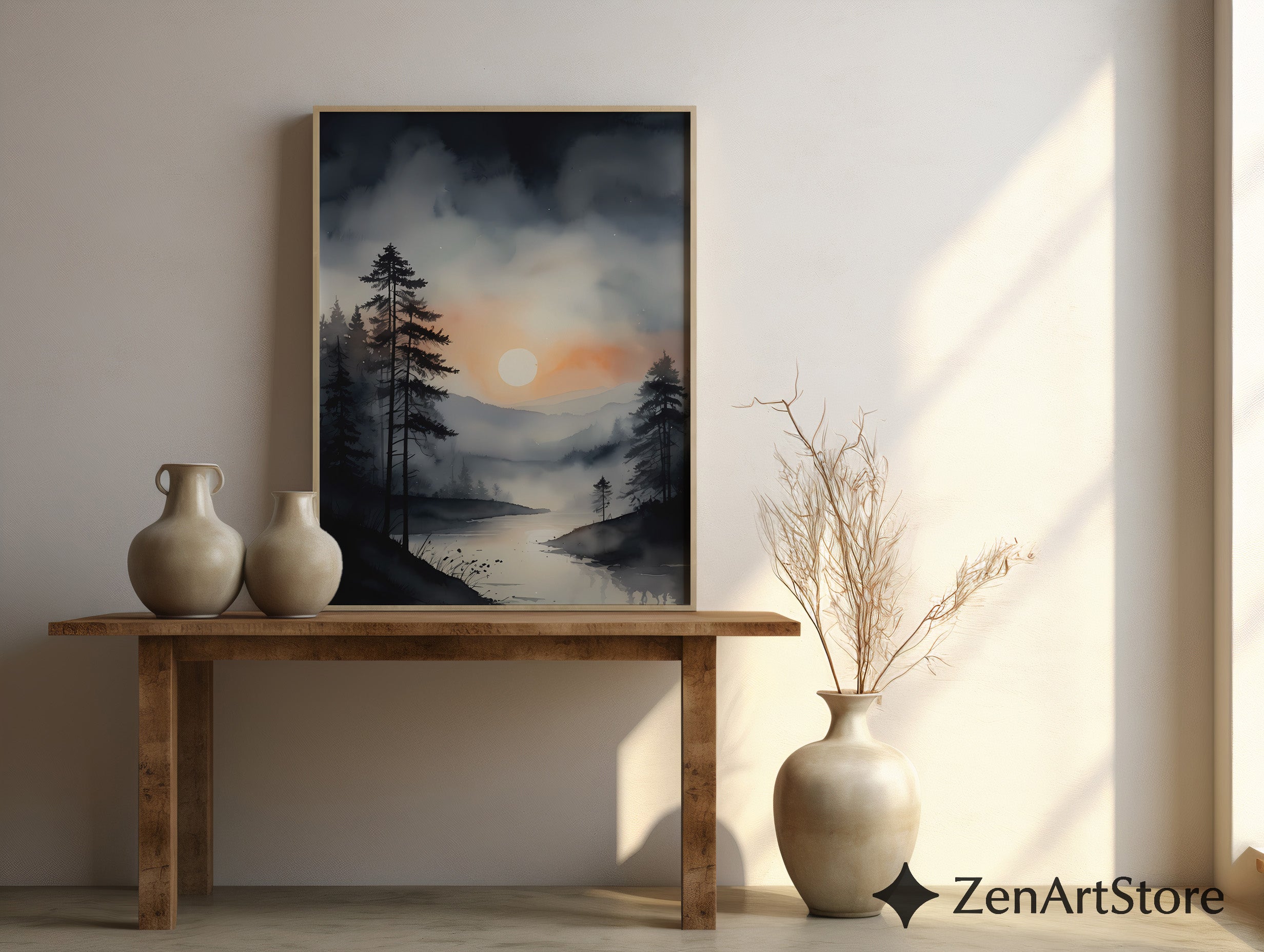 Misty Forest Sunrise Wall Art - Minimal Neutral Landscape Print, Japandi Wabi Sabi Lake Reflection for Living Room