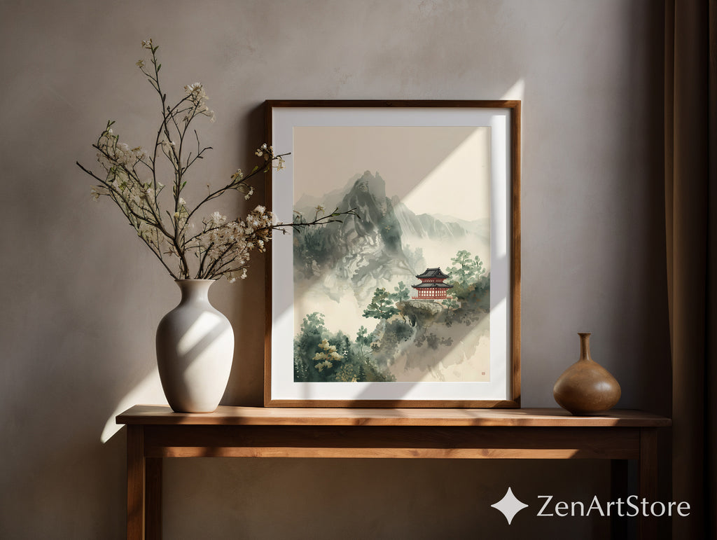 Zen Mountain Pagoda Art Print - Minimal Japanese Sumi-e Landscape, Japandi Wall Art for Calming Neutral Home Decor
