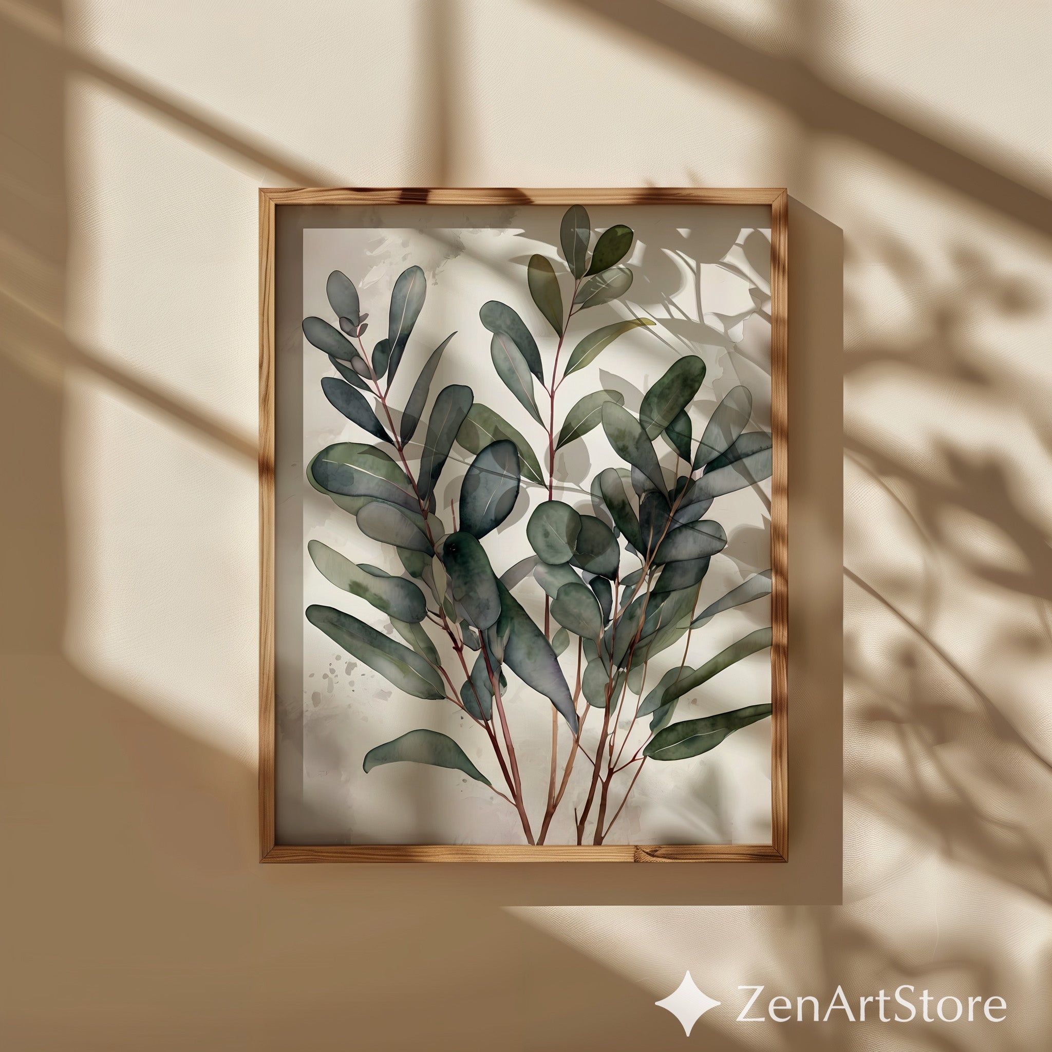 Minimal Eucalyptus Botanical Wall Art - Neutral Japandi Watercolor Print for Living Room Bedroom - Calm Scandinavian Plant Poster