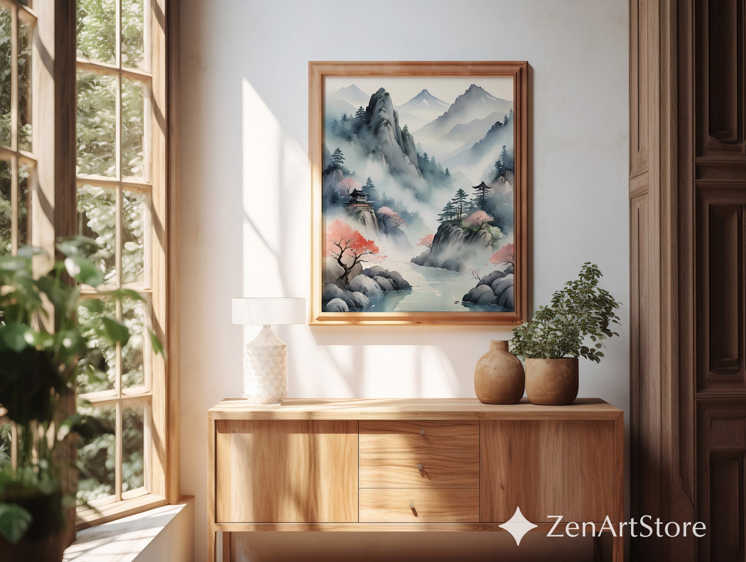 Misty Japanese Mountain Landscape Print - Zen Pagoda Sakura Watercolor Art for Japandi Wabi Sabi Home Decor