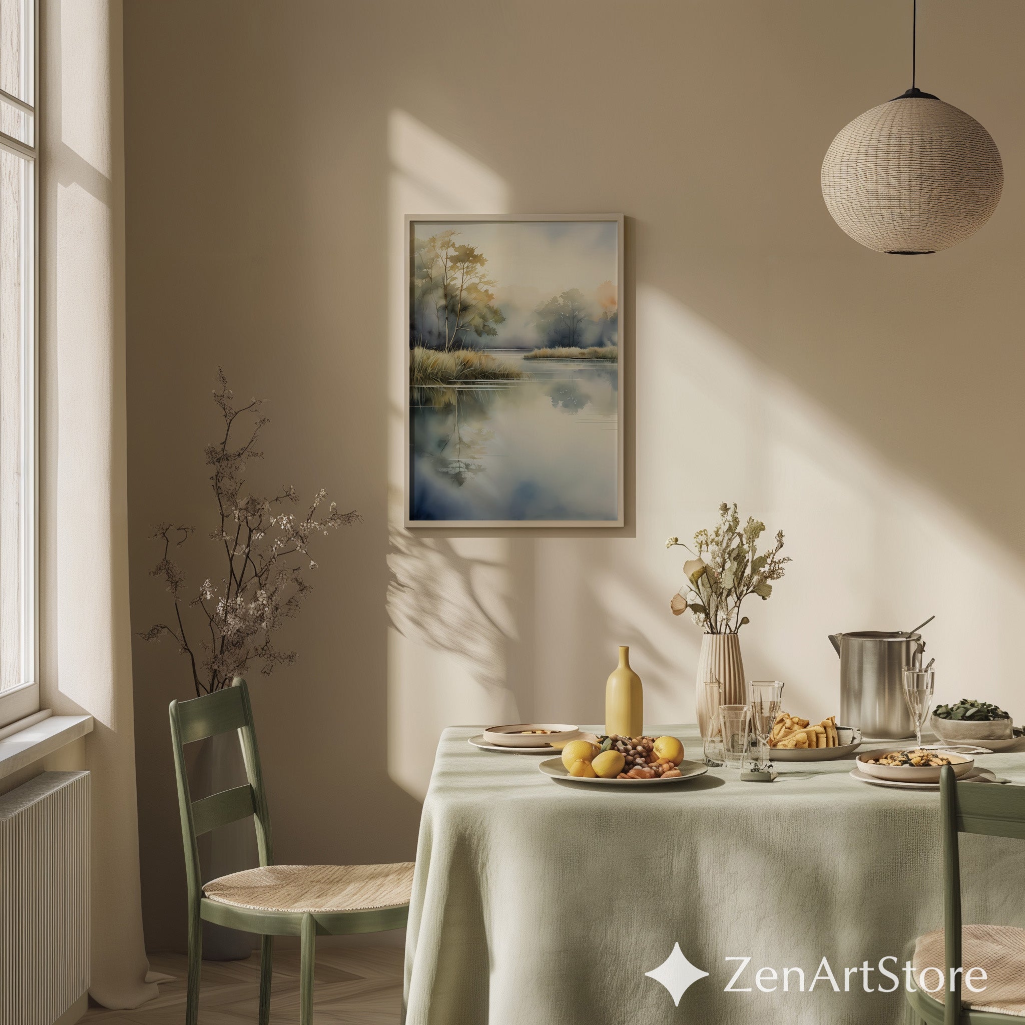 Misty Lake Watercolor Print — Serene Neutral Landscape Wall Art, Vertical Japandi Zen Minimalist Decor for Living Room & Bedroom