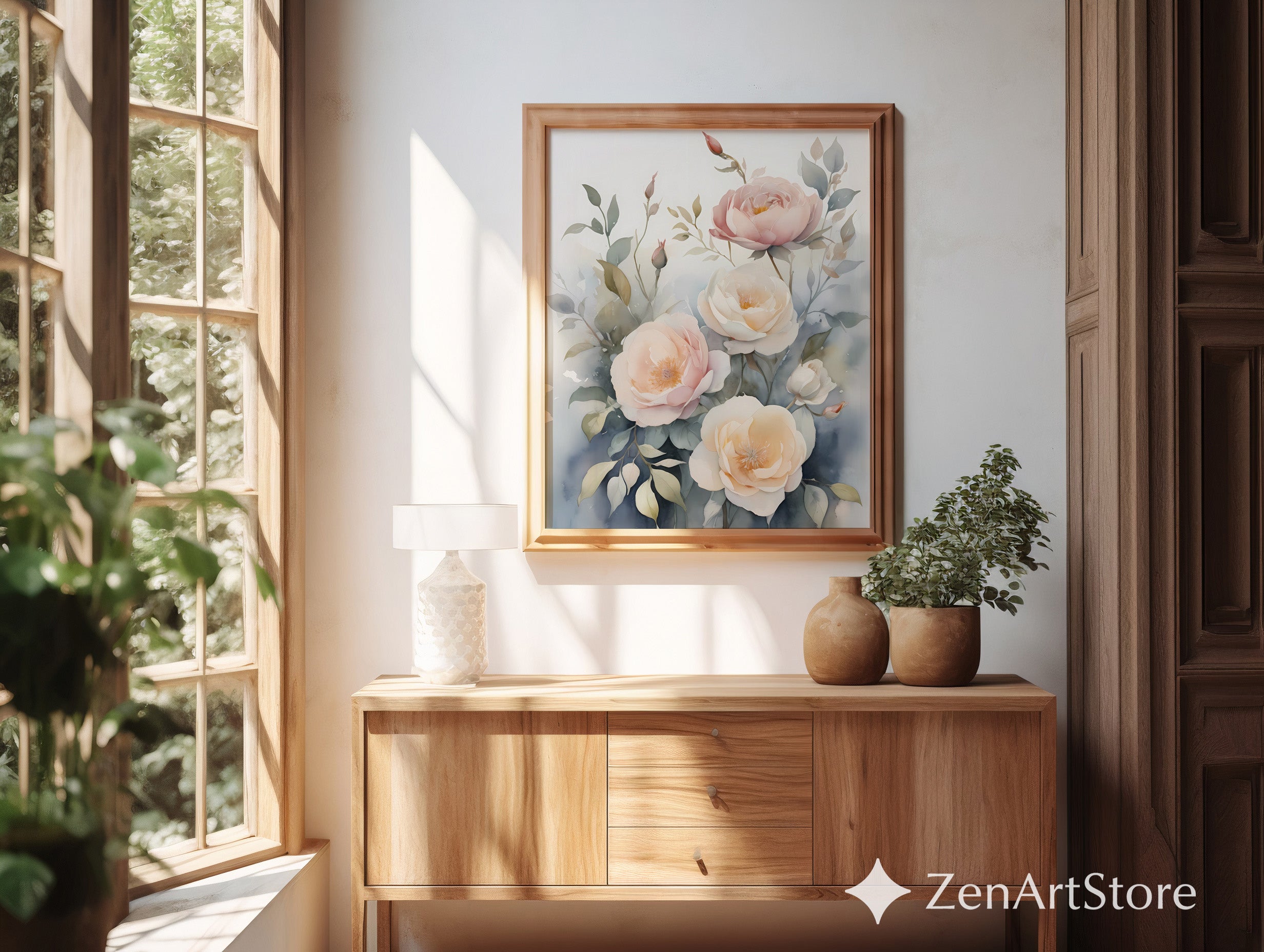 Blush Peony Watercolor Print - Neutral Botanical Wall Art, Japandi Minimal Floral Decor for Living Room & Bedroom