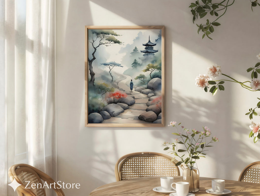 Misty Pagoda Path Watercolor Art Print - Zen Japanese Landscape, Japandi Minimal Wall Art for Living Room, Bedroom, Meditation Space