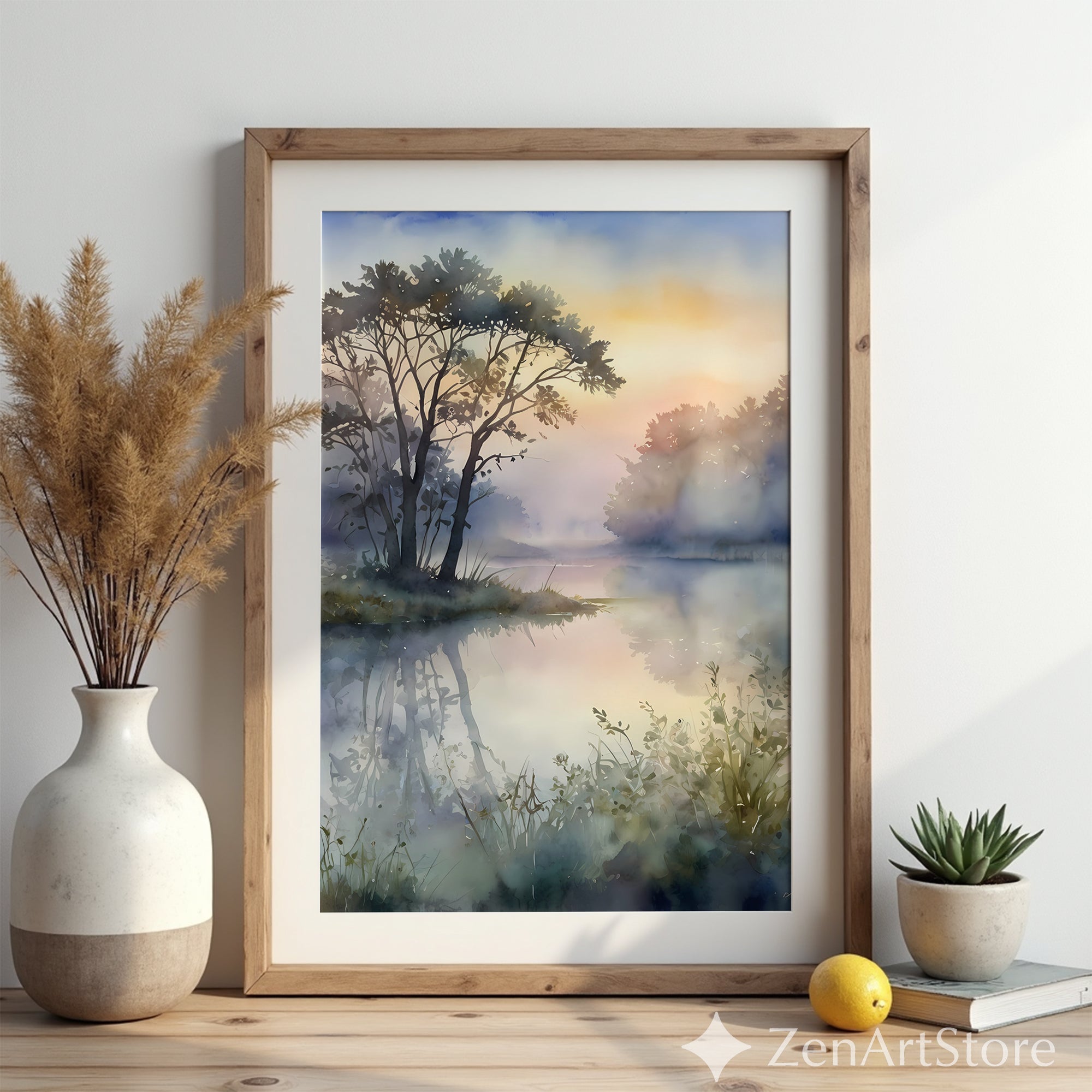 Misty Lake Watercolor Print - Serene Landscape Wall Art for Living Room, Bedroom, Japandi Wabi Sabi Neutral Home Decor