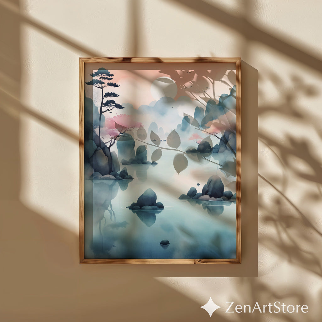 Serene Pastel Mountain Lake Wall Art - Zen Japandi Landscape Print, Printable & Canvas