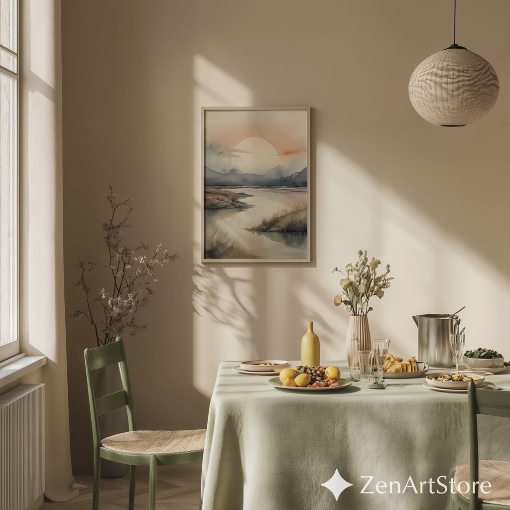 Serene Sunrise Watercolor Landscape Print - Neutral Japandi Minimal Wall Art for Living Room
