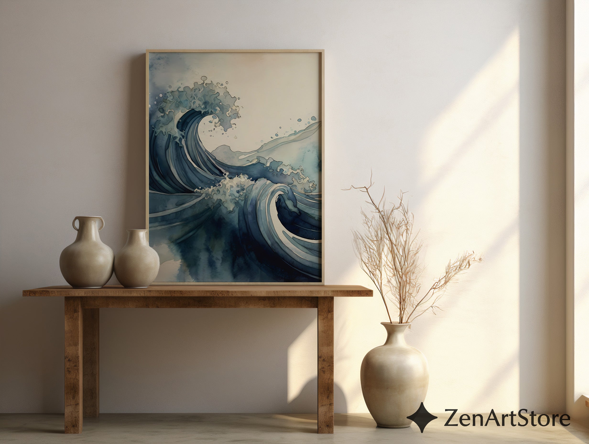 Blue Wave Art Print - Minimal Japanese Wave Abstract, Zen Japandi Coastal Home Decor, Indigo Seascape Wall Art