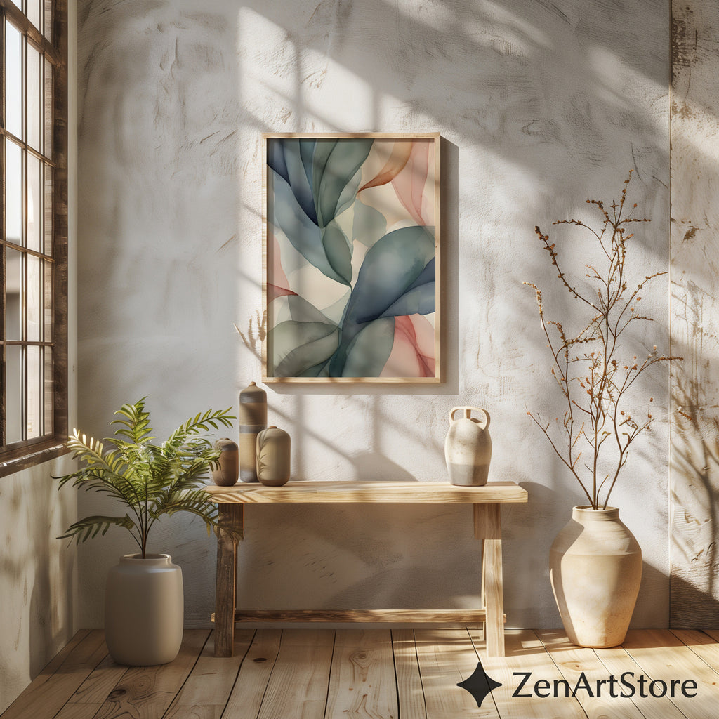 Abstract Botanical Leaf Wall Art - Neutral Japandi Minimalist Pastel Print for Living Room Bedroom Nursery