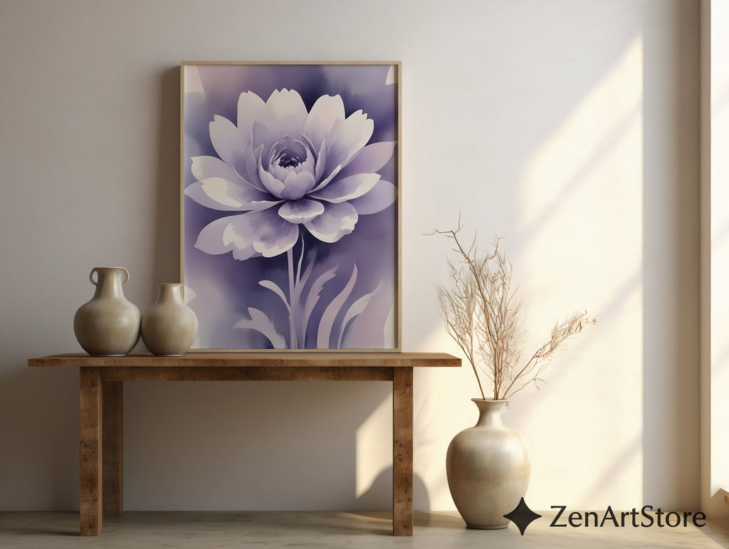 Lavender Floral Wall Art - Calming Purple Peony Print for Bedroom & Living Room - Minimal Zen Botanical Canvas, Japandi Decor