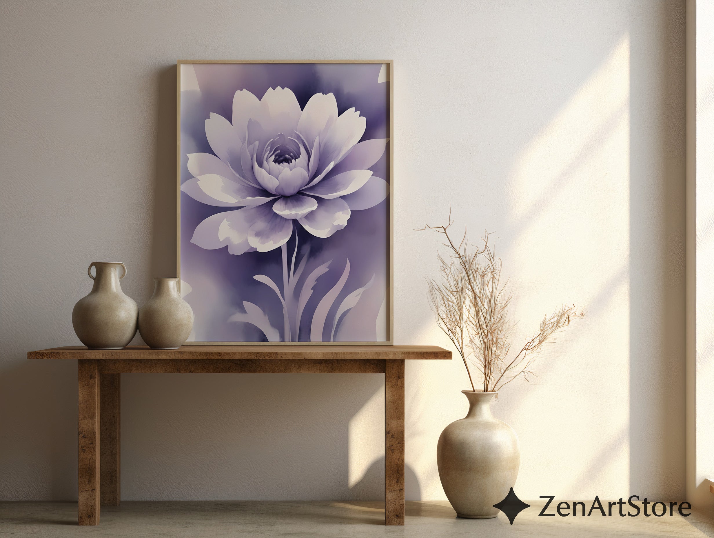 Lavender Floral Wall Art - Calming Purple Peony Print for Bedroom & Living Room - Minimal Zen Botanical Canvas, Japandi Decor