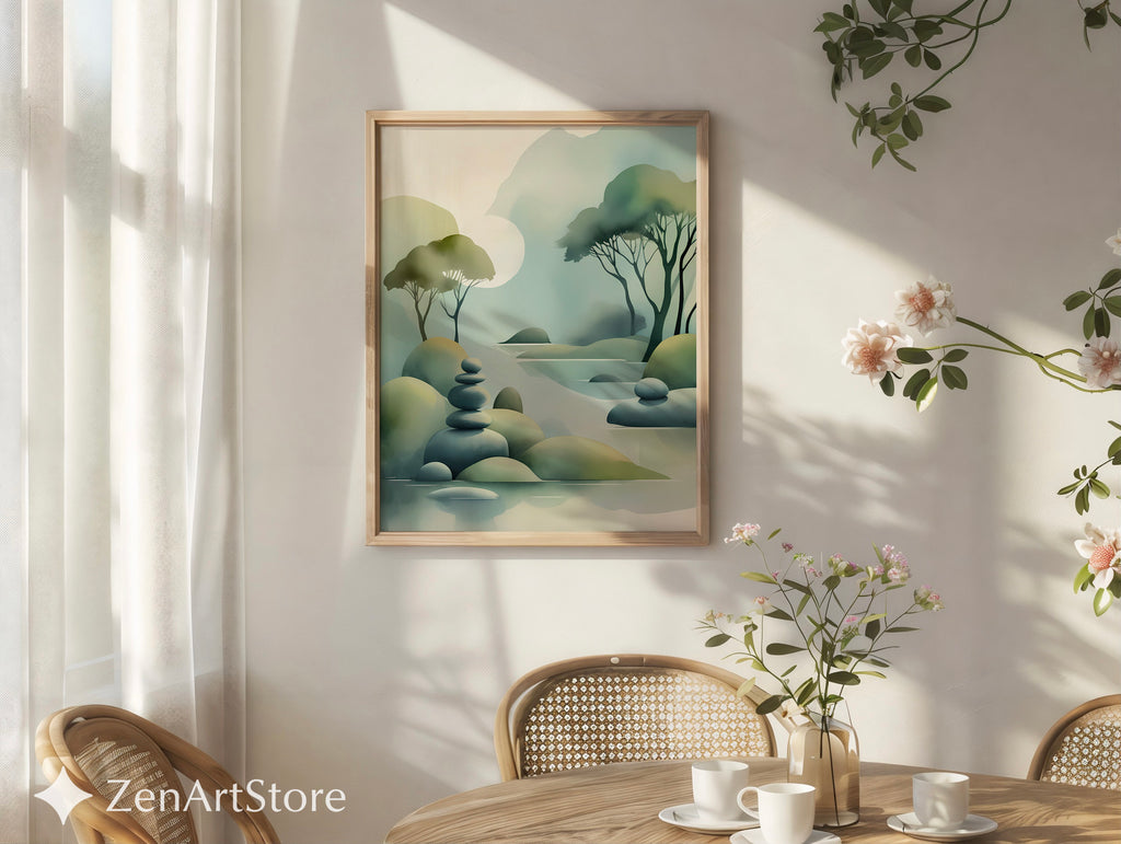 Zen Landscape Print - Minimal Abstract Nature Wall Art, Japandi Misty Trees & Stacked Stones Neutral Green Home Decor