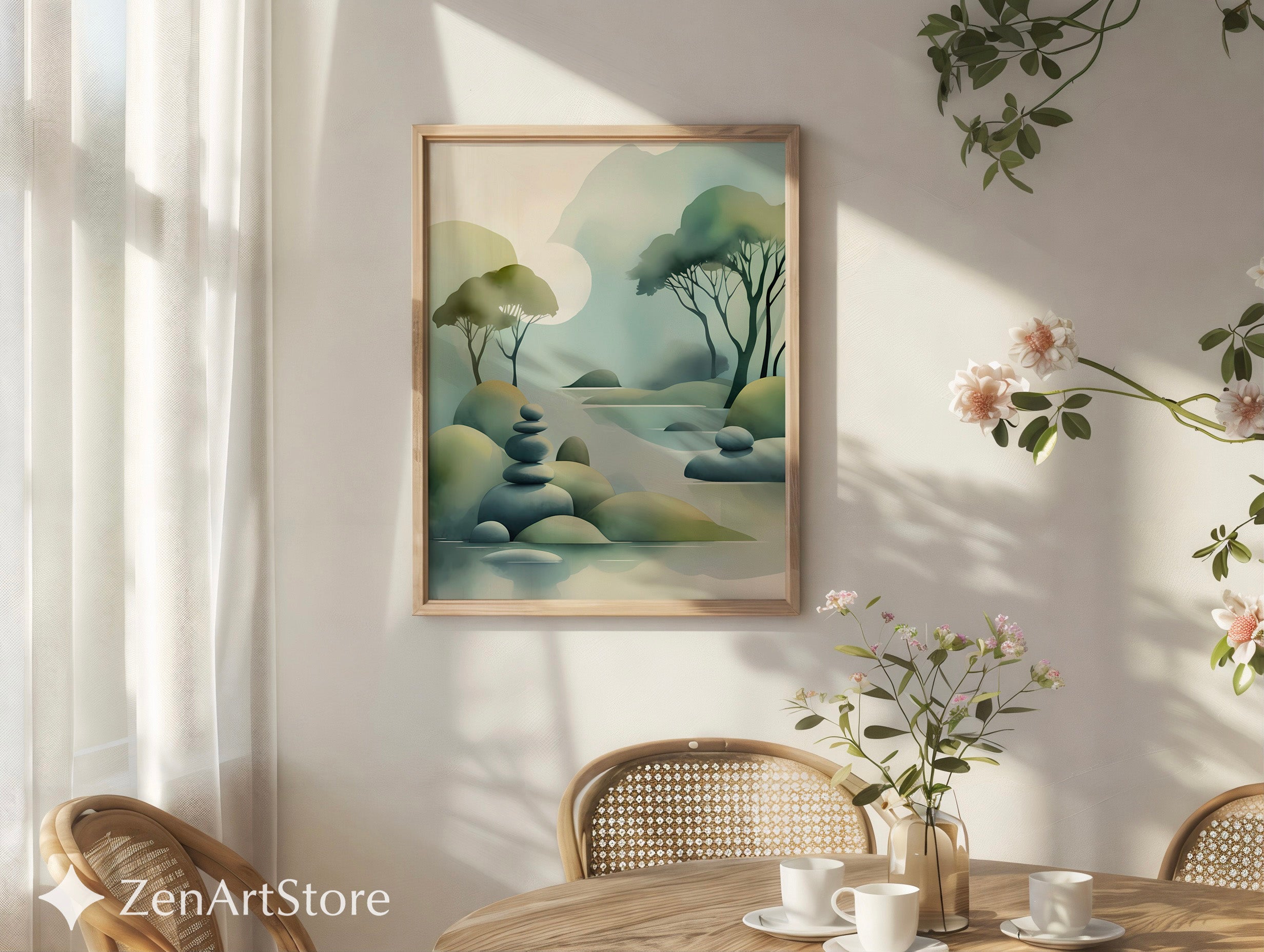Zen Landscape Print - Minimal Abstract Nature Wall Art, Japandi Misty Trees & Stacked Stones Neutral Green Home Decor
