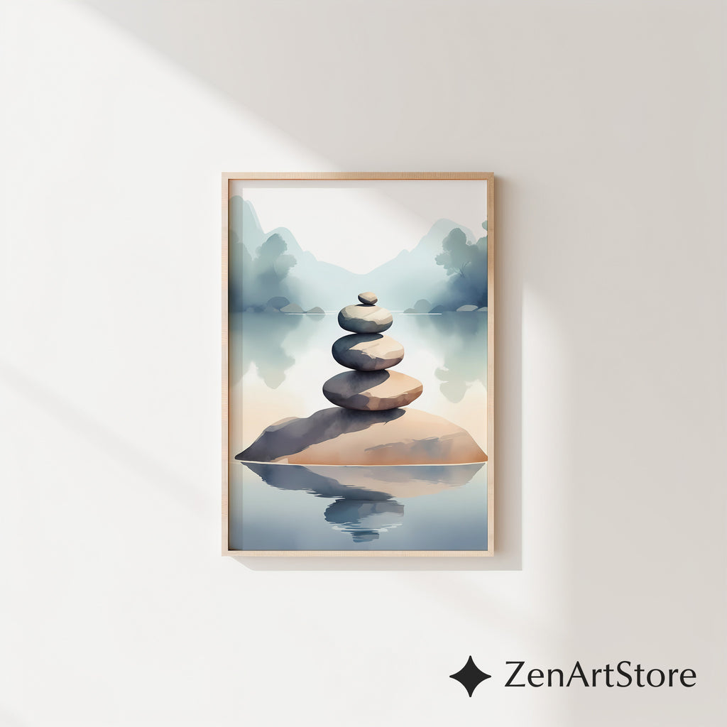 Zen Stacked Stones Lake Art Print - Minimal Japandi Wall Decor, Calm Neutral Landscape for Home & Spa