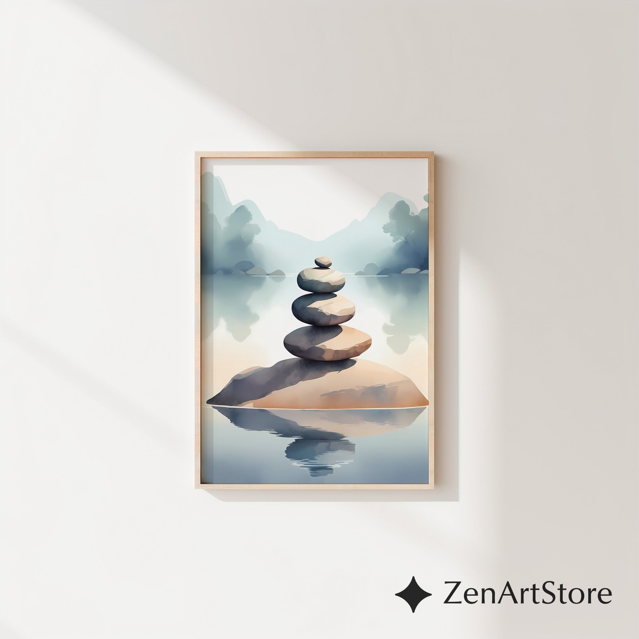Zen Stacked Stones Lake Art Print - Minimal Japandi Wall Decor, Calm Neutral Landscape for Home & Spa