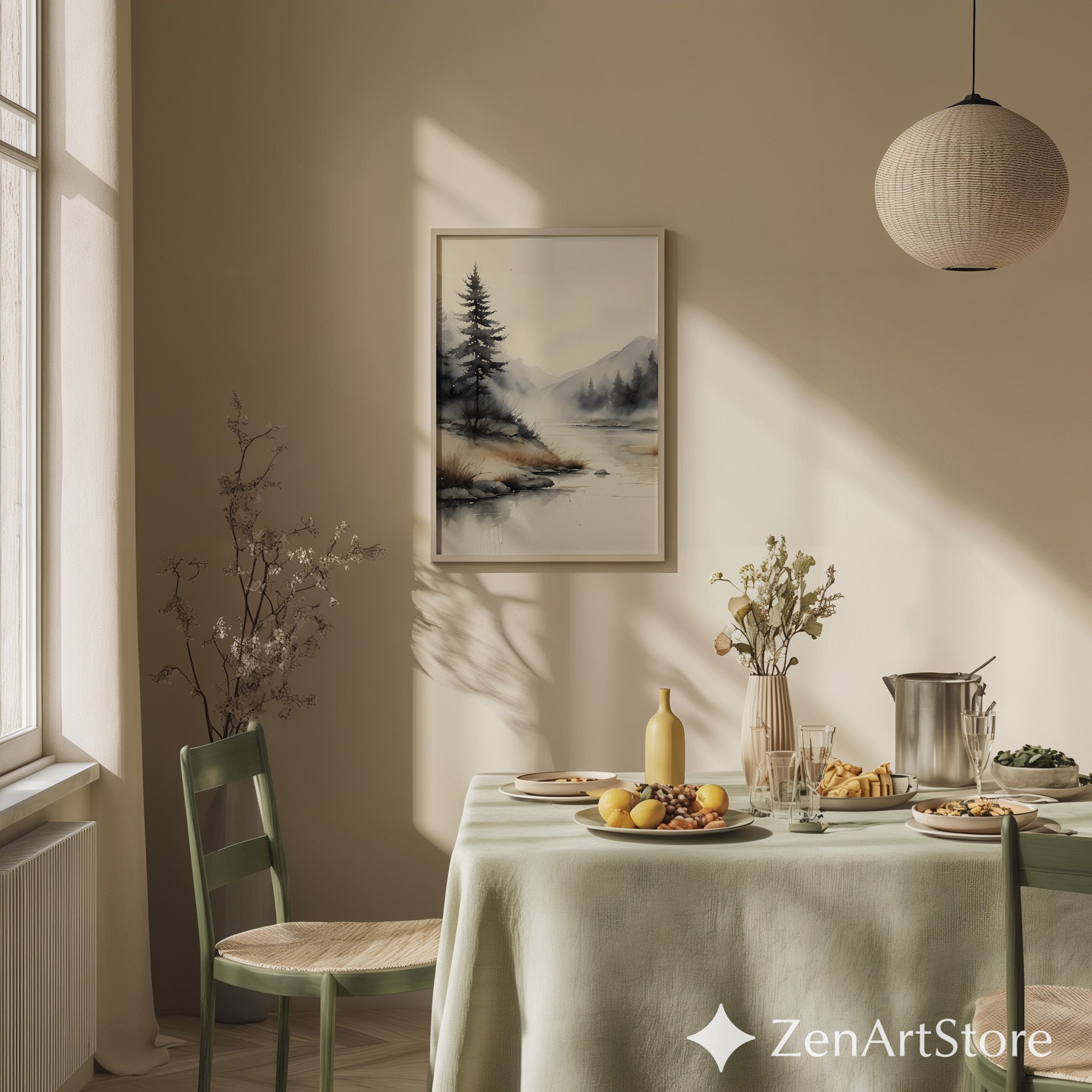 Misty River Watercolor Print - Minimal Neutral Landscape Art for Japandi, Wabi Sabi & Scandinavian Home Decor