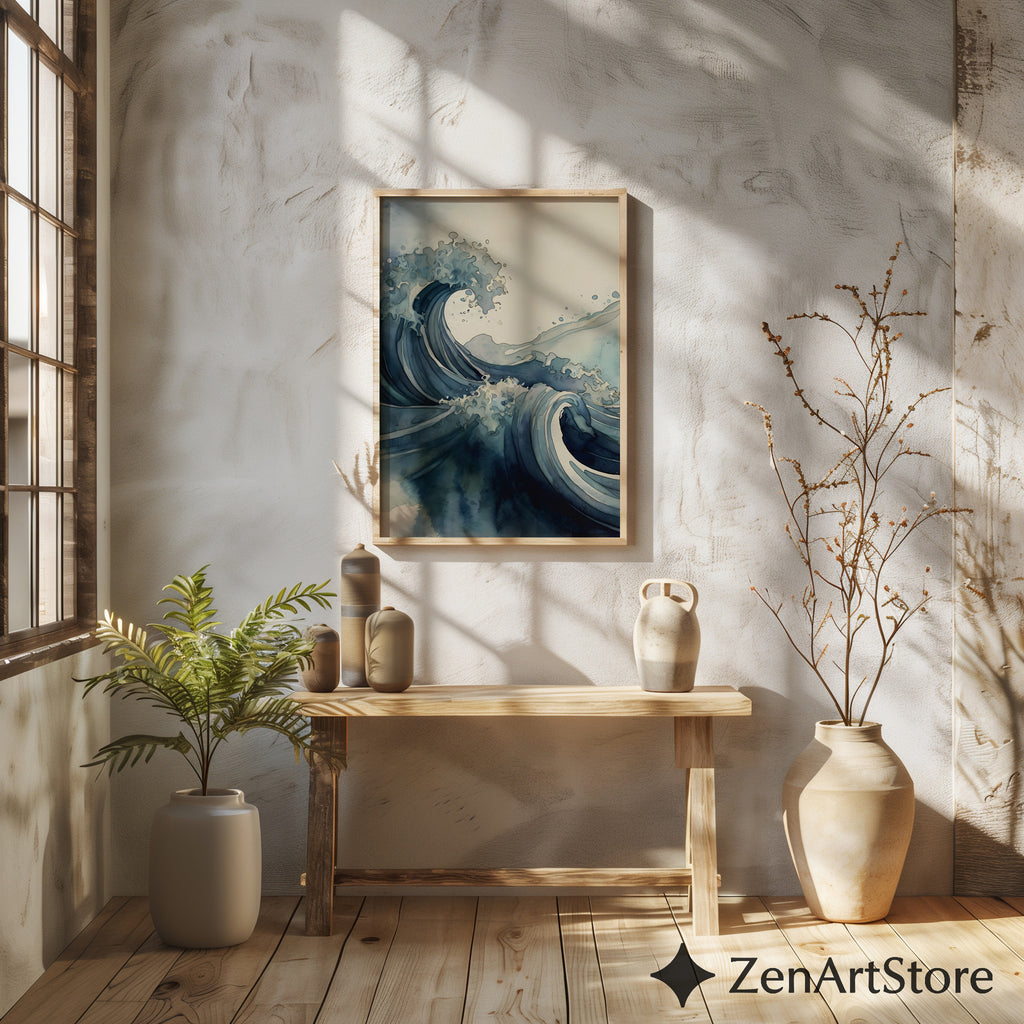 Blue Wave Art Print - Minimal Japanese Wave Abstract, Zen Japandi Coastal Home Decor, Indigo Seascape Wall Art