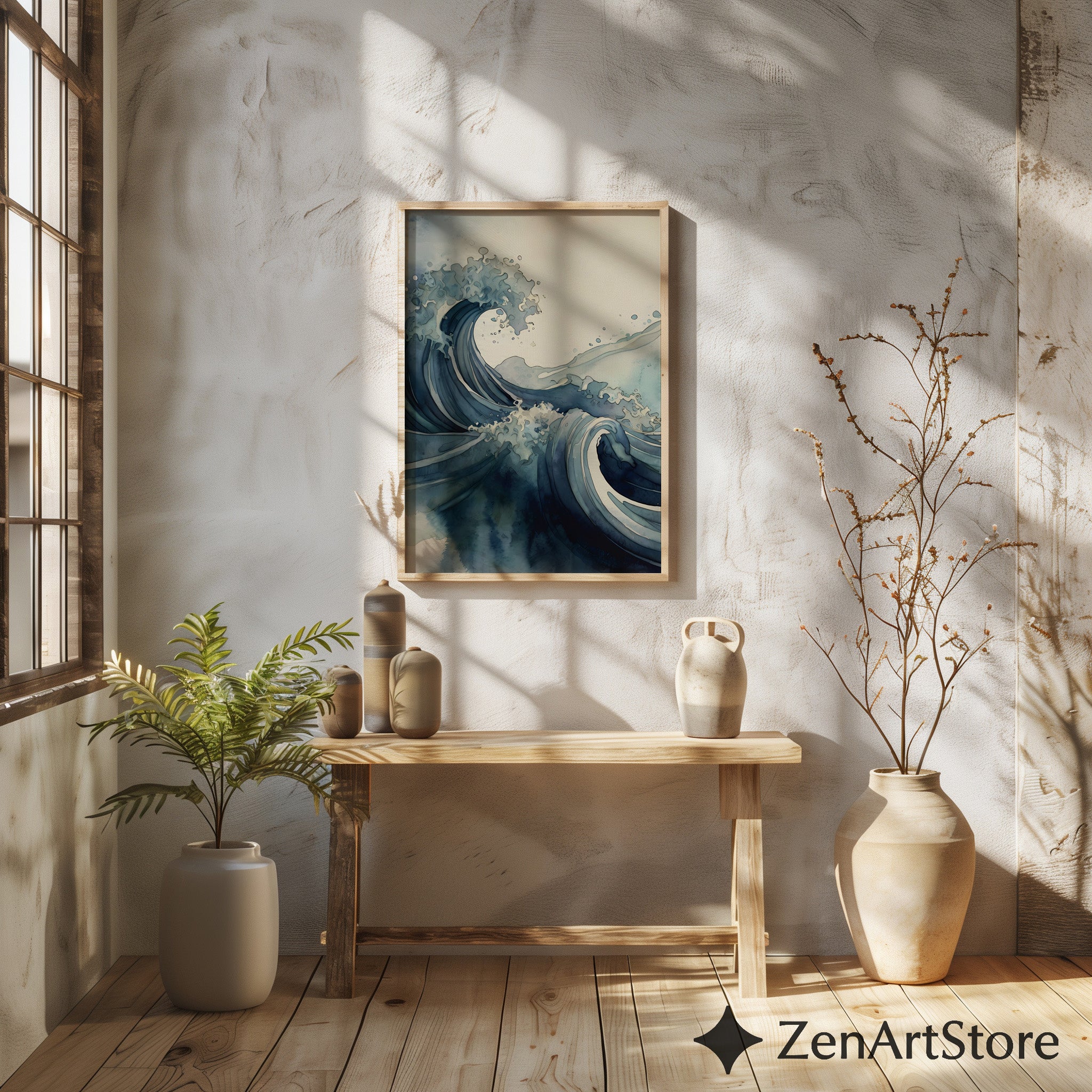 Blue Wave Art Print - Minimal Japanese Wave Abstract, Zen Japandi Coastal Home Decor, Indigo Seascape Wall Art