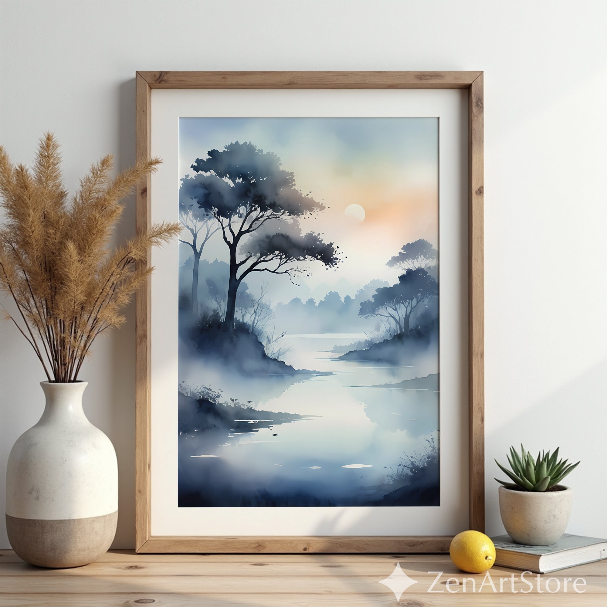 Misty Lake Sunrise Watercolor Print - Calm Zen Landscape Wall Art for Living Room, Bedroom, Japandi Minimalist Decor