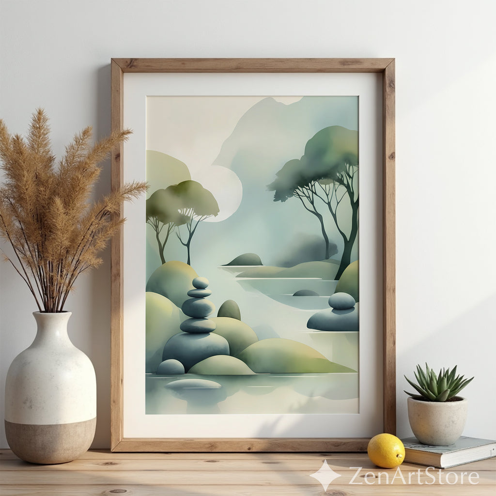 Zen Landscape Print - Minimal Abstract Nature Wall Art, Japandi Misty Trees & Stacked Stones Neutral Green Home Decor