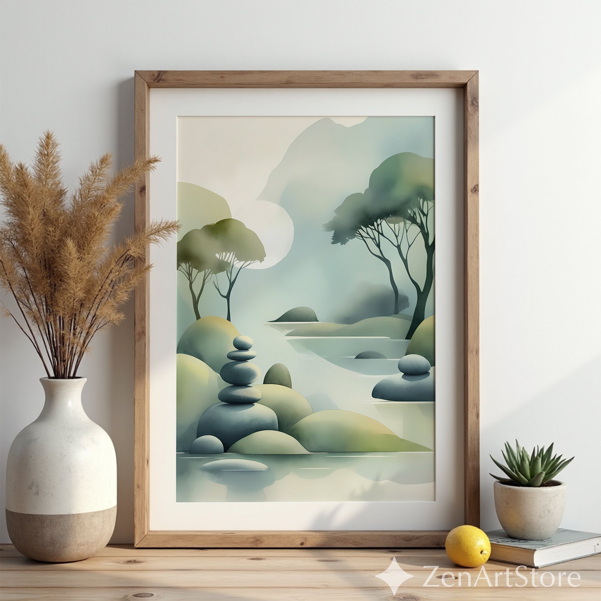Zen Landscape Print - Minimal Abstract Nature Wall Art, Japandi Misty Trees & Stacked Stones Neutral Green Home Decor