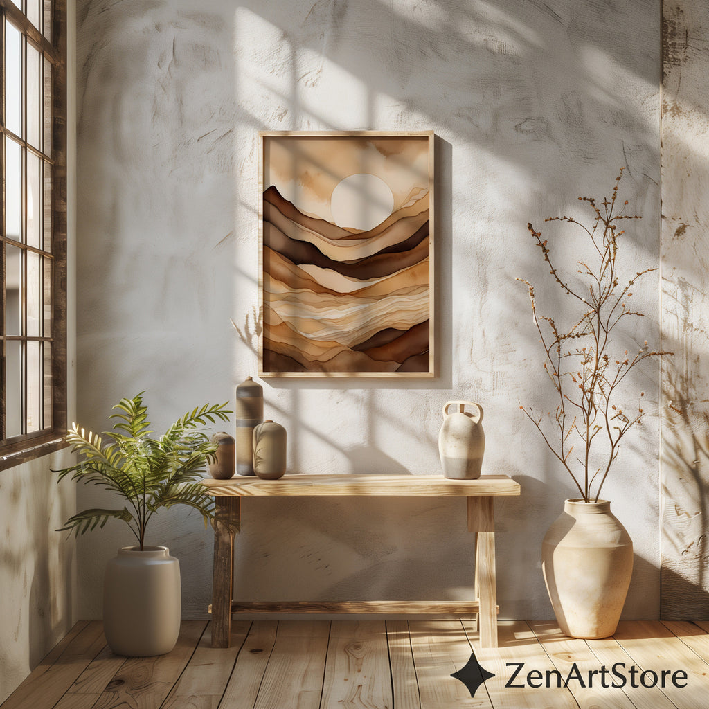 Neutral Abstract Landscape Wall Art - Beige Brown Minimalist Sun Print, Japandi Wabi Sabi Modern Home Decor, Printable or Canvas