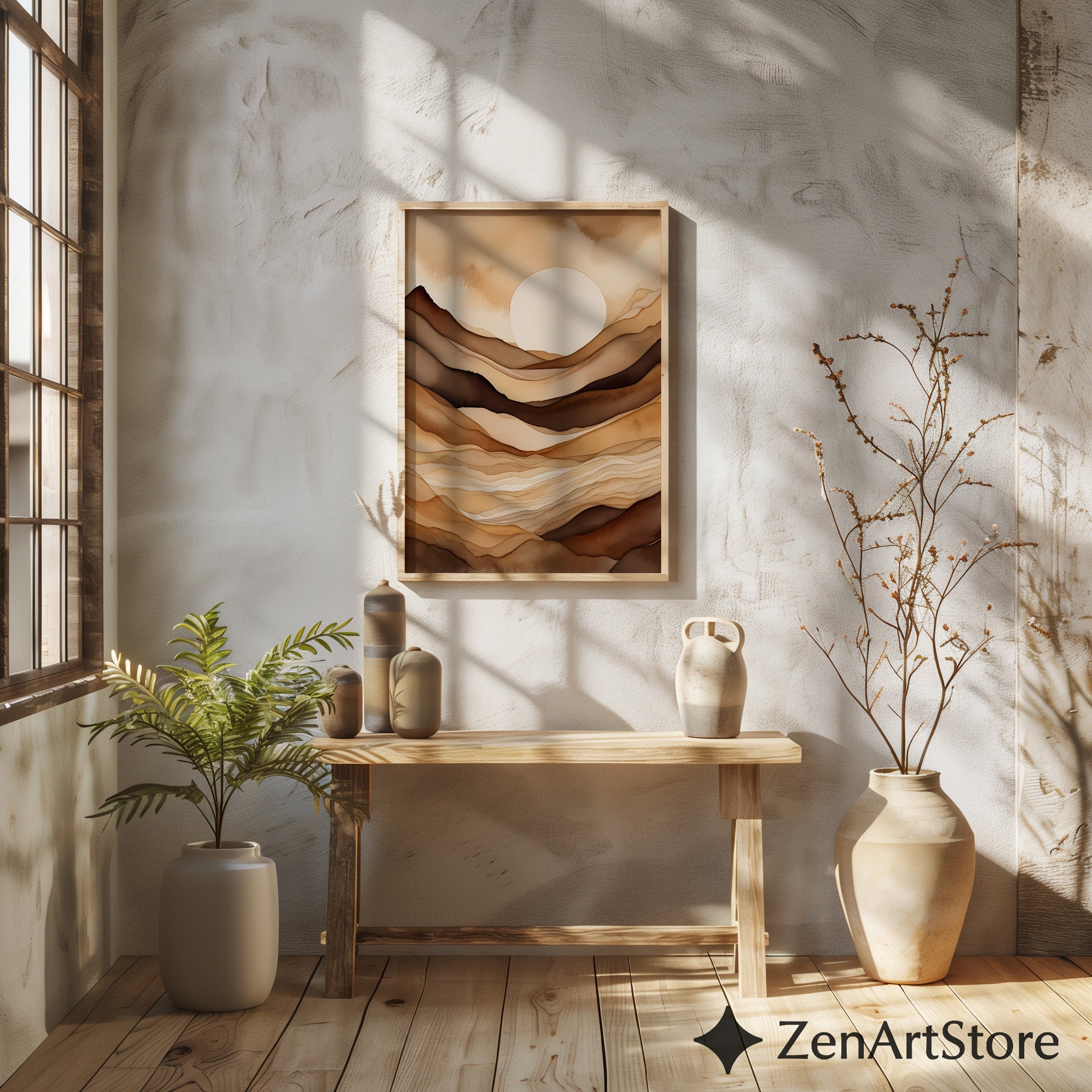 Neutral Abstract Landscape Wall Art - Beige Brown Minimalist Sun Print, Japandi Wabi Sabi Modern Home Decor, Printable or Canvas