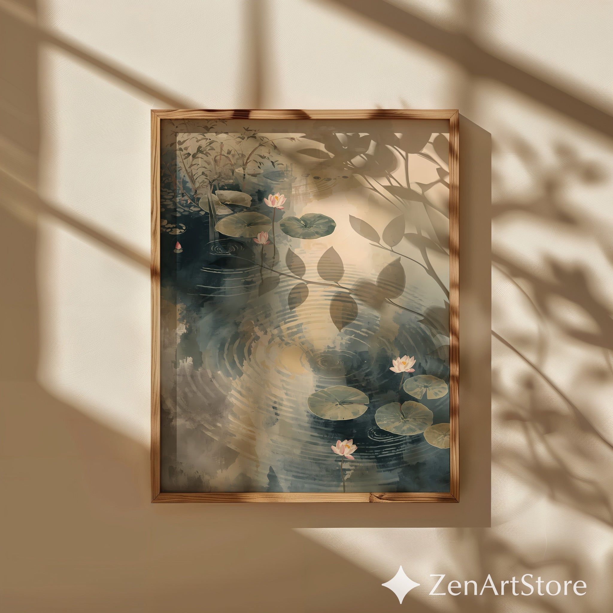 Serene Lotus Pond Watercolor Print - Zen Minimal Botanical Wall Art, Neutral Beige & Blue-Gray Japandi Home Decor