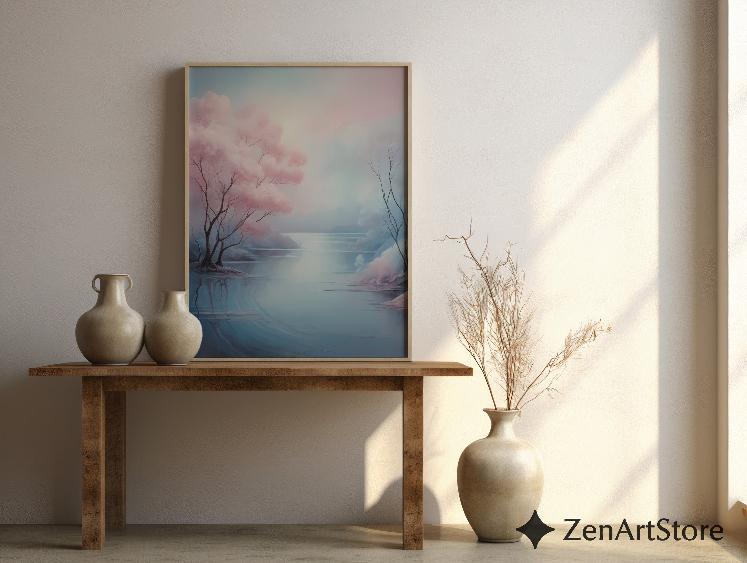 Serene Pastel Landscape Art Print - Pink Tree Lake Wall Art, Zen Minimal Japandi Home Decor