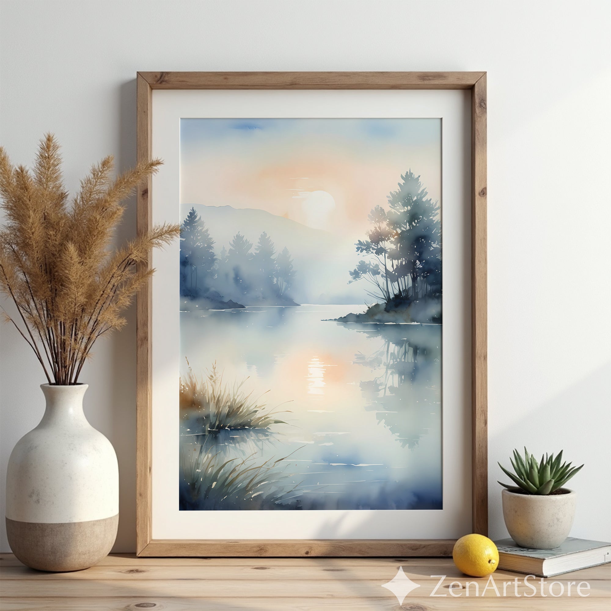 Misty Lake Sunrise Watercolor Print – Zen Minimal Landscape Wall Art, Japandi Neutral Home Decor, Calm Scandinavian Nature Poster