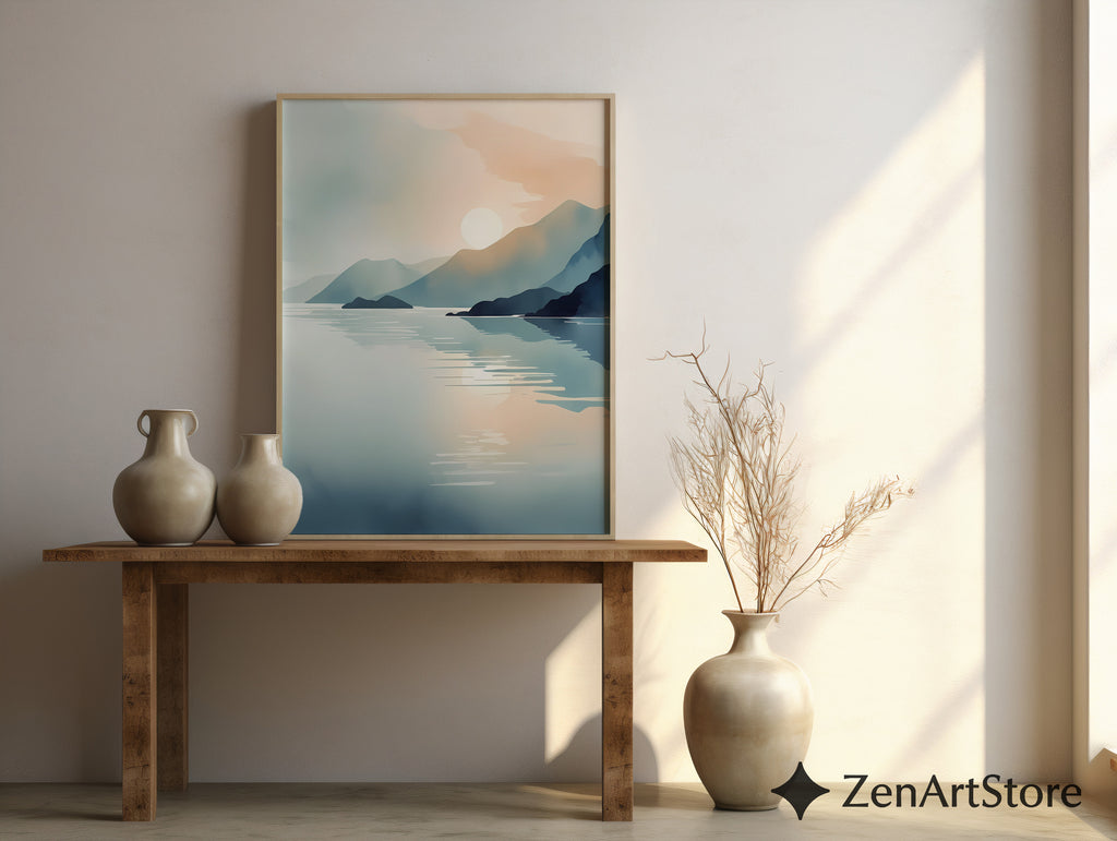 Minimalist Mountain Lake Sunrise Wall Art - Calming Japandi Landscape Print in Neutral Blue & Beige