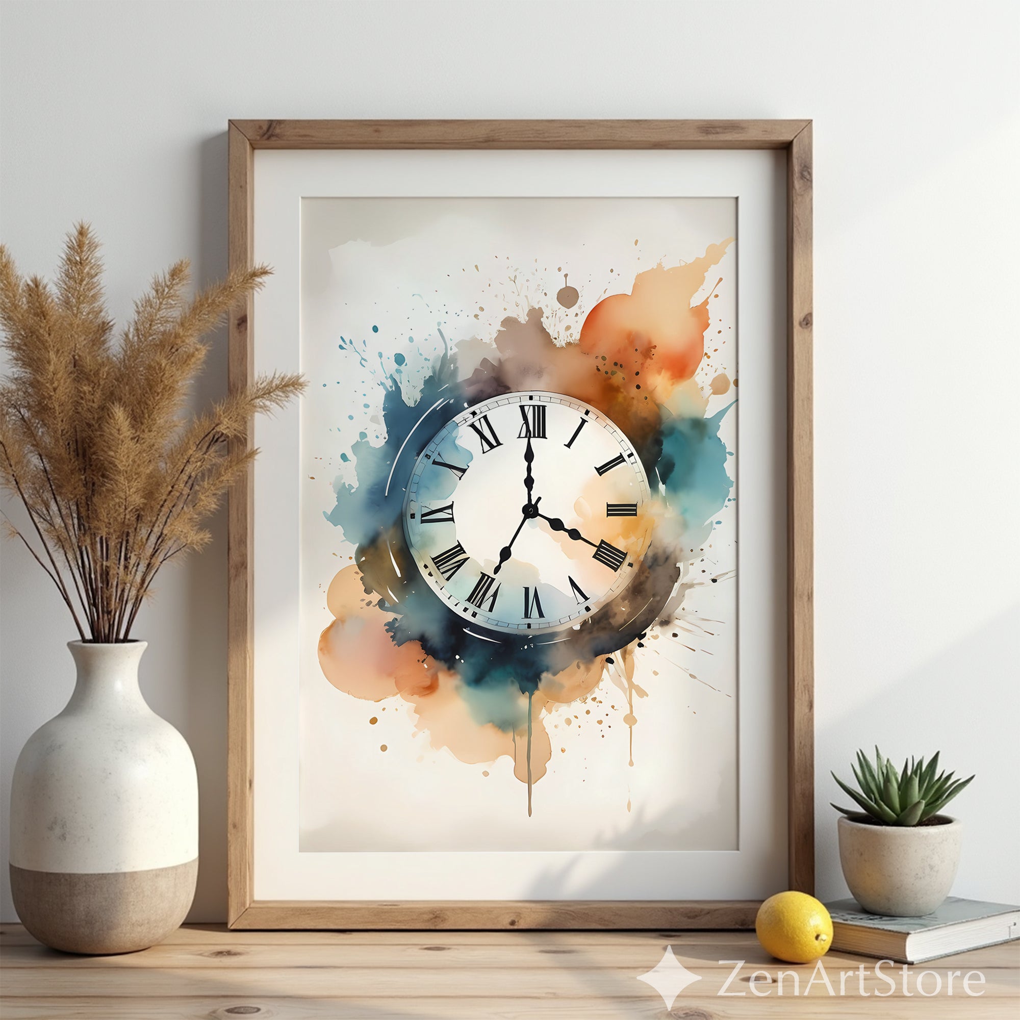 Watercolor Clock Print Timeless Abstract Wall Art Neutral Teal Beige | Modern Japandi Wabi Sabi Home Decor