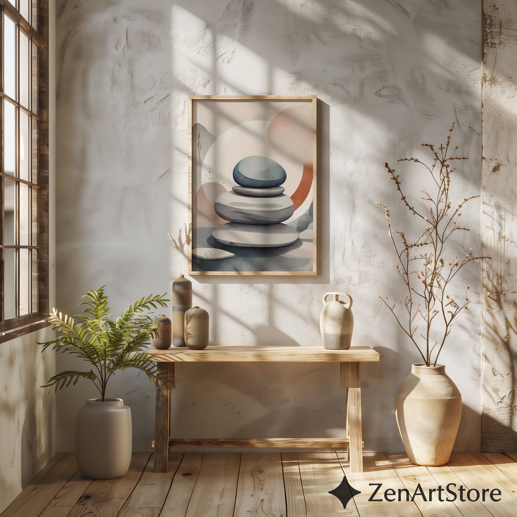 Zen Stone Stack Wall Art - Minimal Japandi Neutral Abstract Print for Living Room, Bedroom, Spa Decor