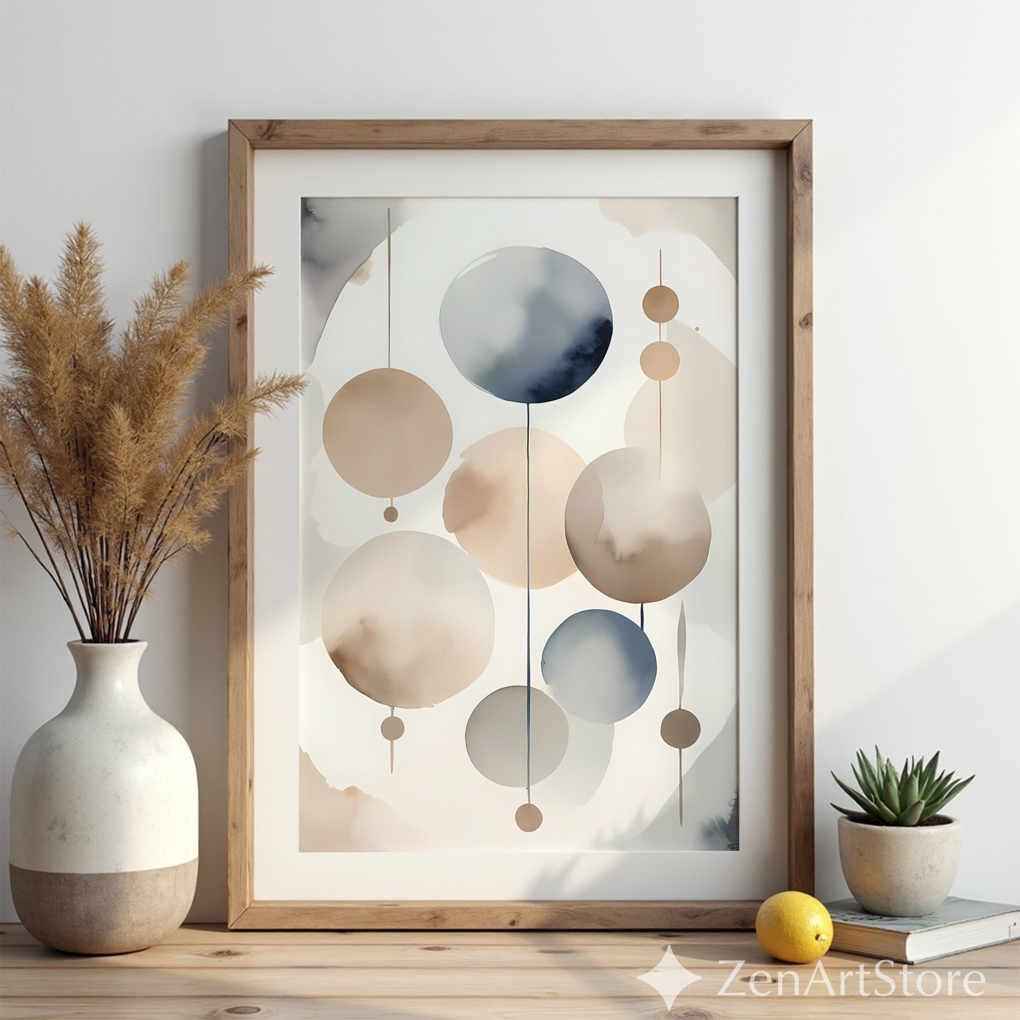 Neutral Abstract Circles Wall Art - Minimalist Japandi Scandinavian Watercolor Print for Modern Living Room & Bedroom Decor