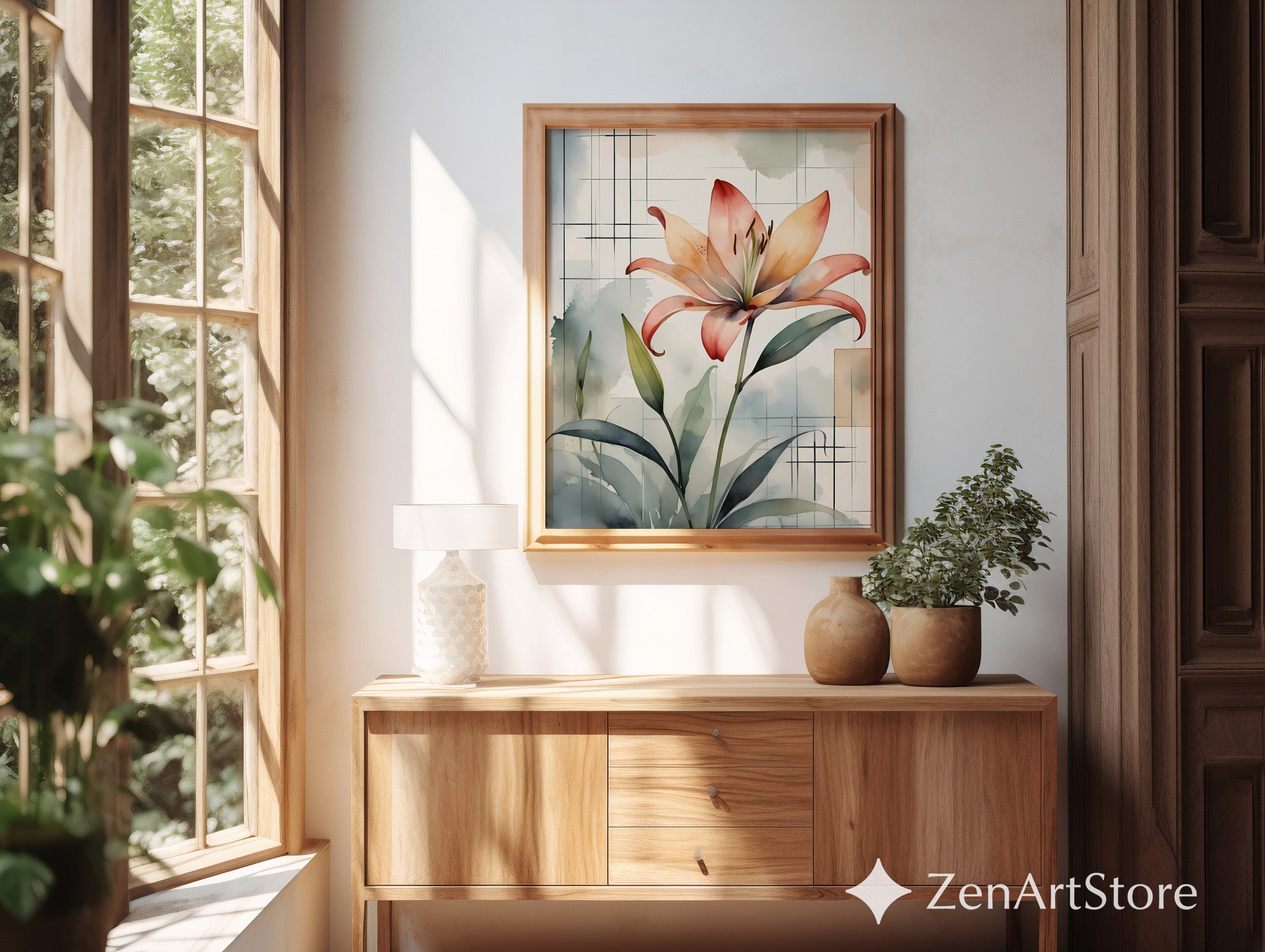 Peach Lily Watercolor Wall Art - Botanical Floral Print, Japandi Minimal Canvas or Printable, Neutral Modern Home Decor