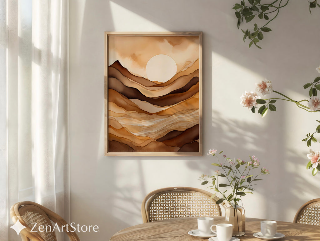 Neutral Abstract Landscape Wall Art - Beige Brown Minimalist Sun Print, Japandi Wabi Sabi Modern Home Decor, Printable or Canvas