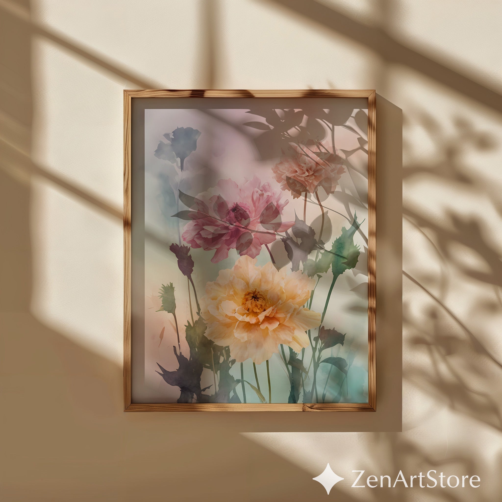 Pastel Peony Watercolor Print - Botanical Wall Art for Living Room, Japandi Scandinavian Minimal Neutral Floral Home Decor
