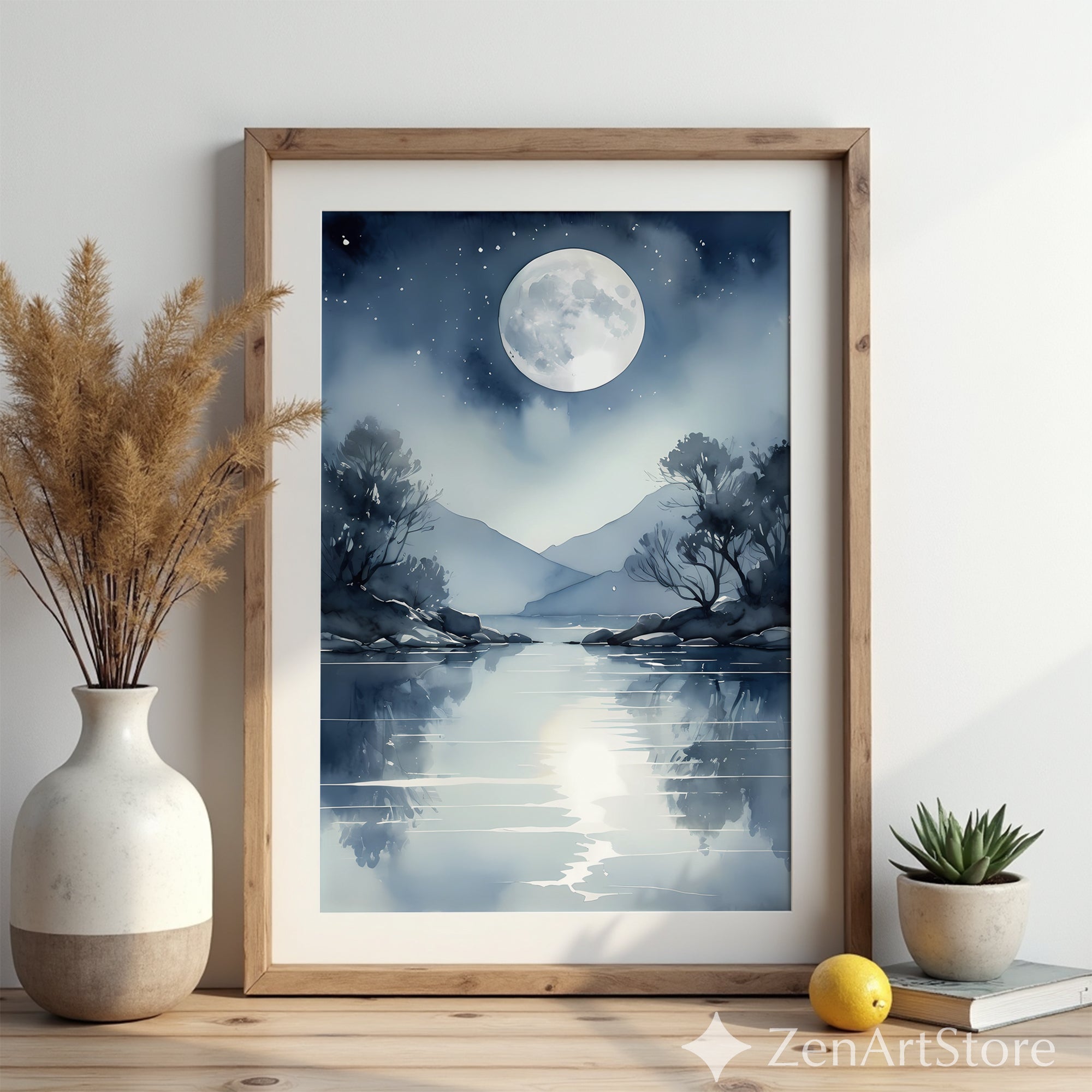 Moonlight Lake Watercolor Print - Serene Blue Moon Reflection Wall Art for Bedroom, Living Room, Japandi Minimal Decor