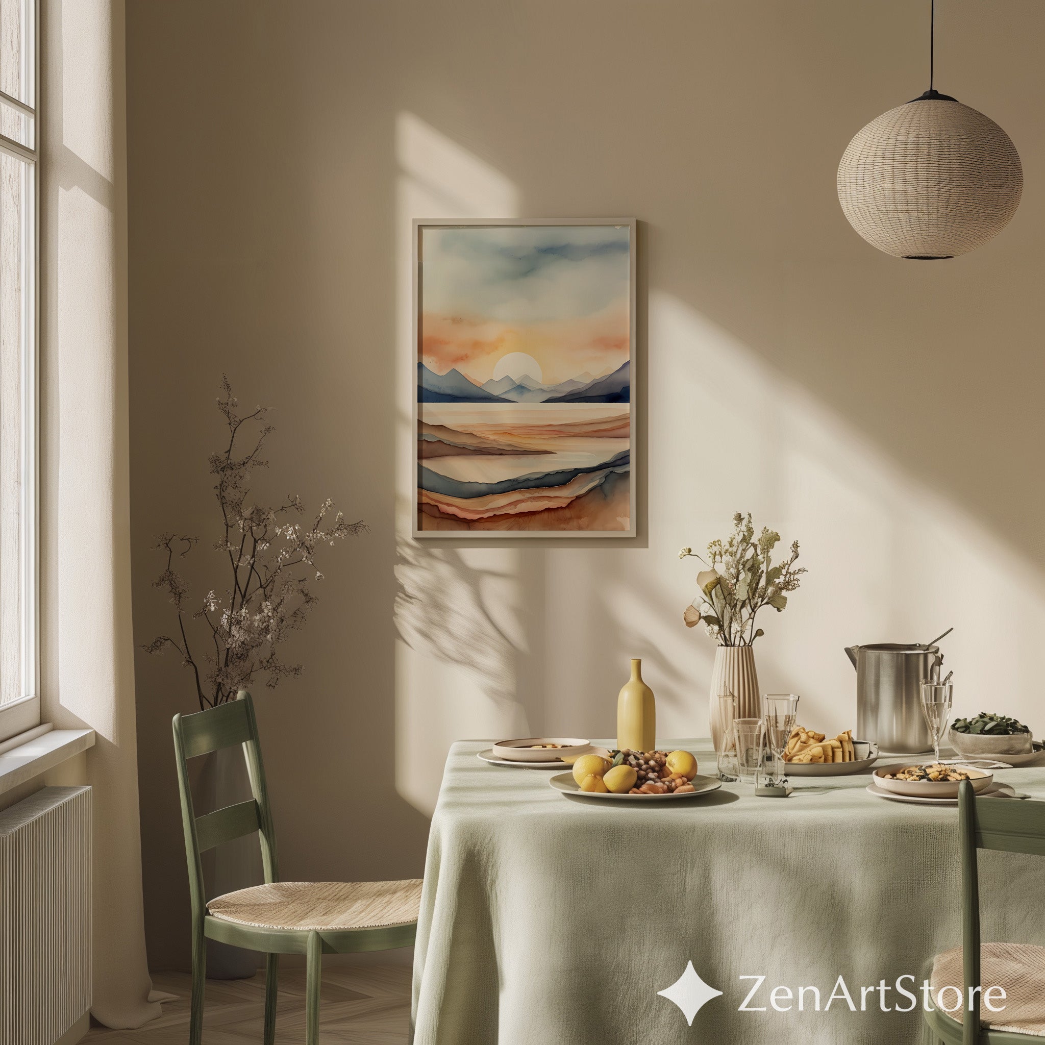 Watercolor Mountain Sunset Print - Neutral Abstract Landscape Wall Art, Minimalist Japandi Boho Home Decor