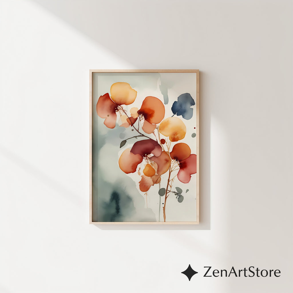 Abstract Floral Wall Art Print - Warm Rust & Ochre Minimal Botanical Japandi Wabi Sabi Neutral Home Decor