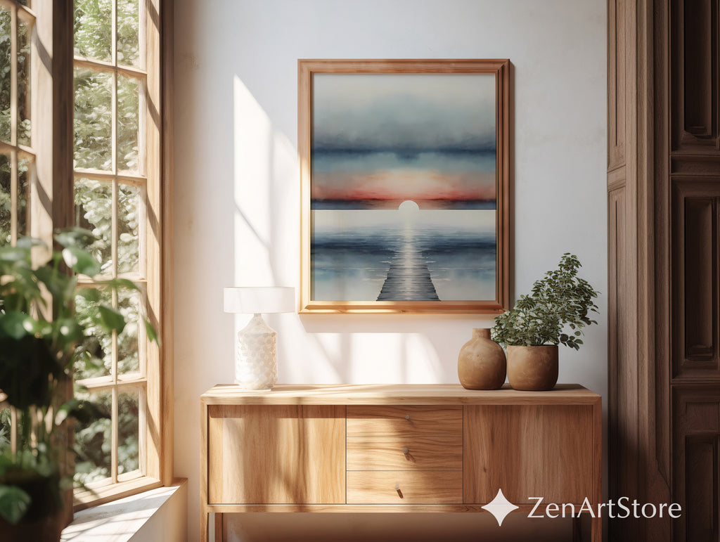 Serene Sunrise Seascape Print - Minimal Coastal Wall Art, Pier Horizon, Modern Japandi Zen Living Room Decor