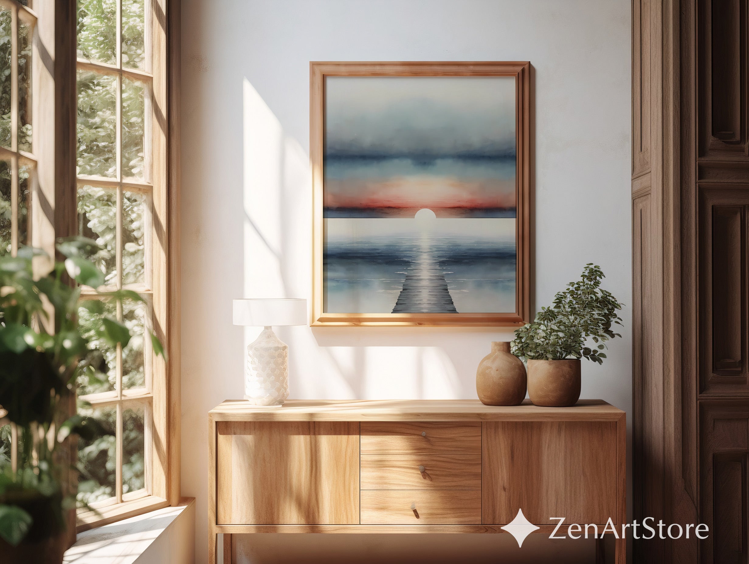 Serene Sunrise Seascape Print - Minimal Coastal Wall Art, Pier Horizon, Modern Japandi Zen Living Room Decor