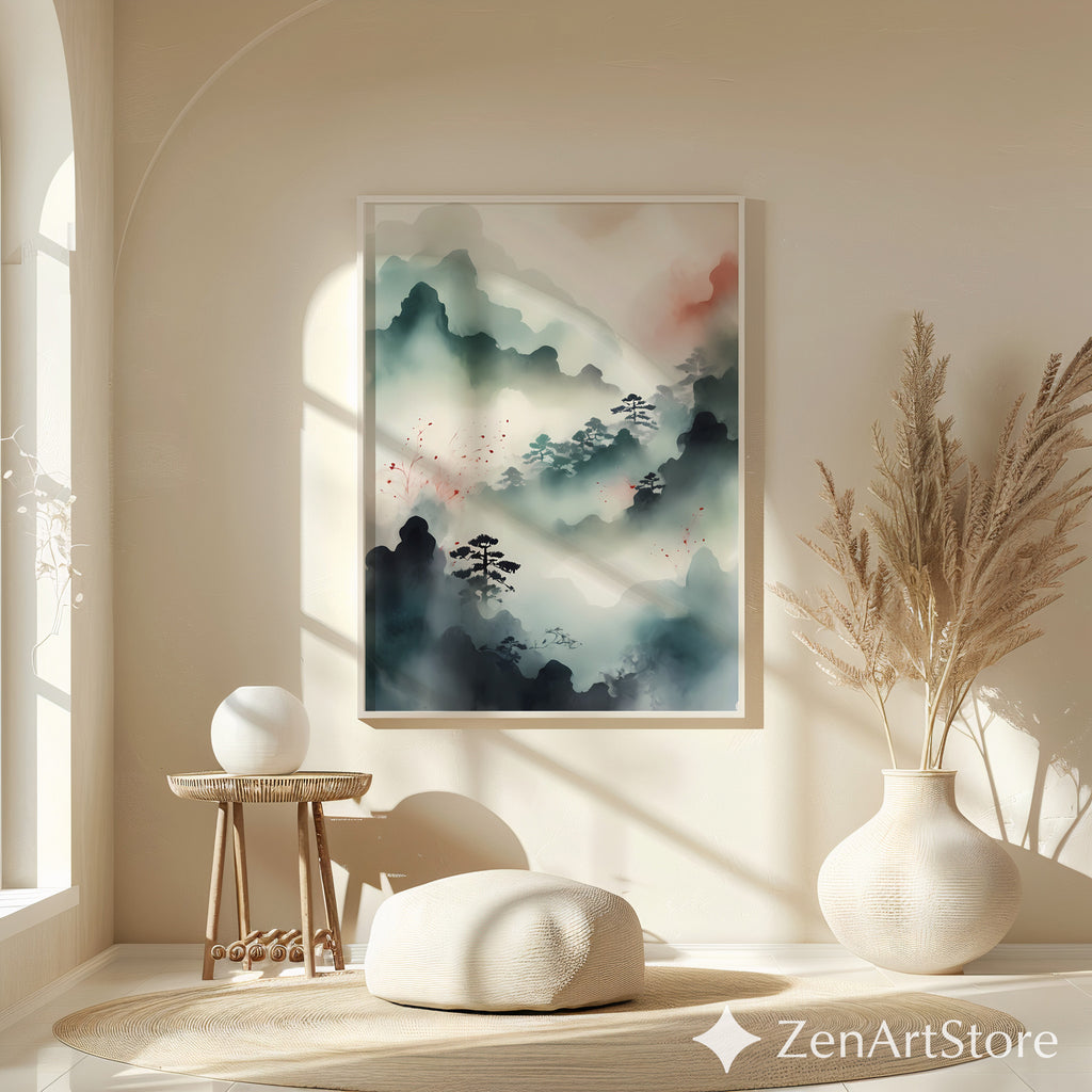 Misty Mountain Zen Landscape Print - Japandi Minimal Ink Wash Wall Art, Neutral Calm Pine Trees