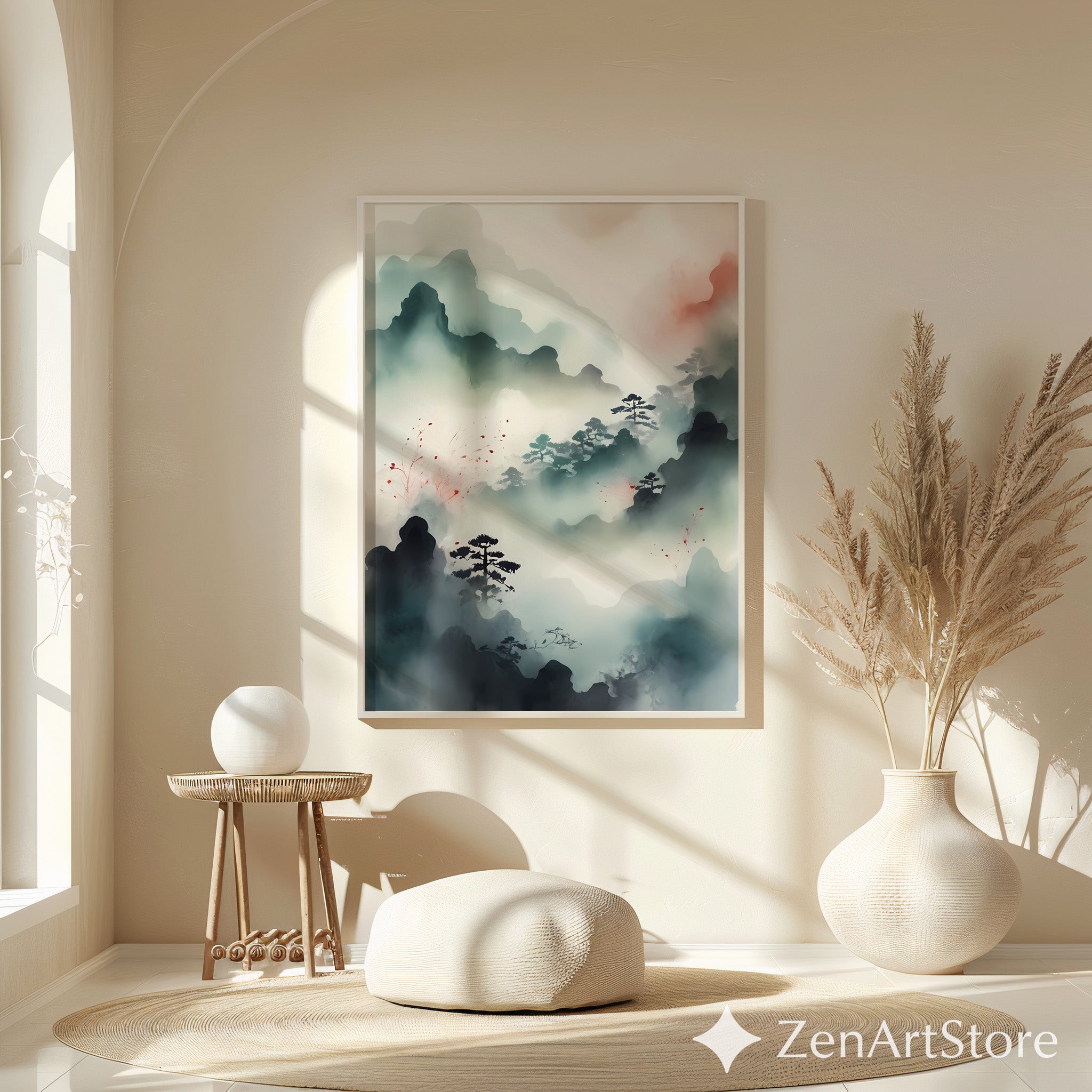 Misty Mountain Zen Landscape Print - Japandi Minimal Ink Wash Wall Art, Neutral Calm Pine Trees