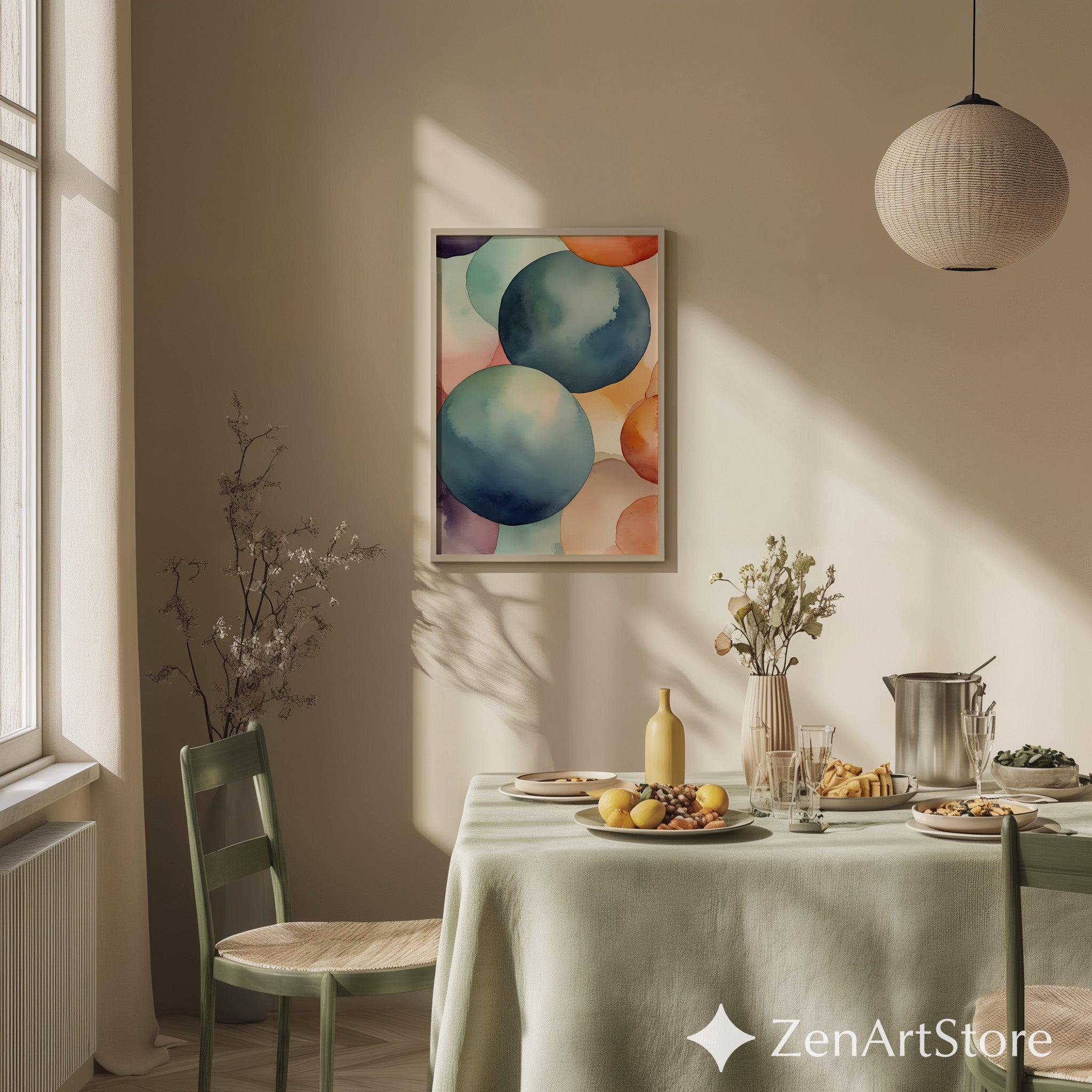 Abstract Watercolor Circles Wall Art - Modern Minimal Japandi Print, Calm Pastel Home Decor, Large Printable Living Room Art